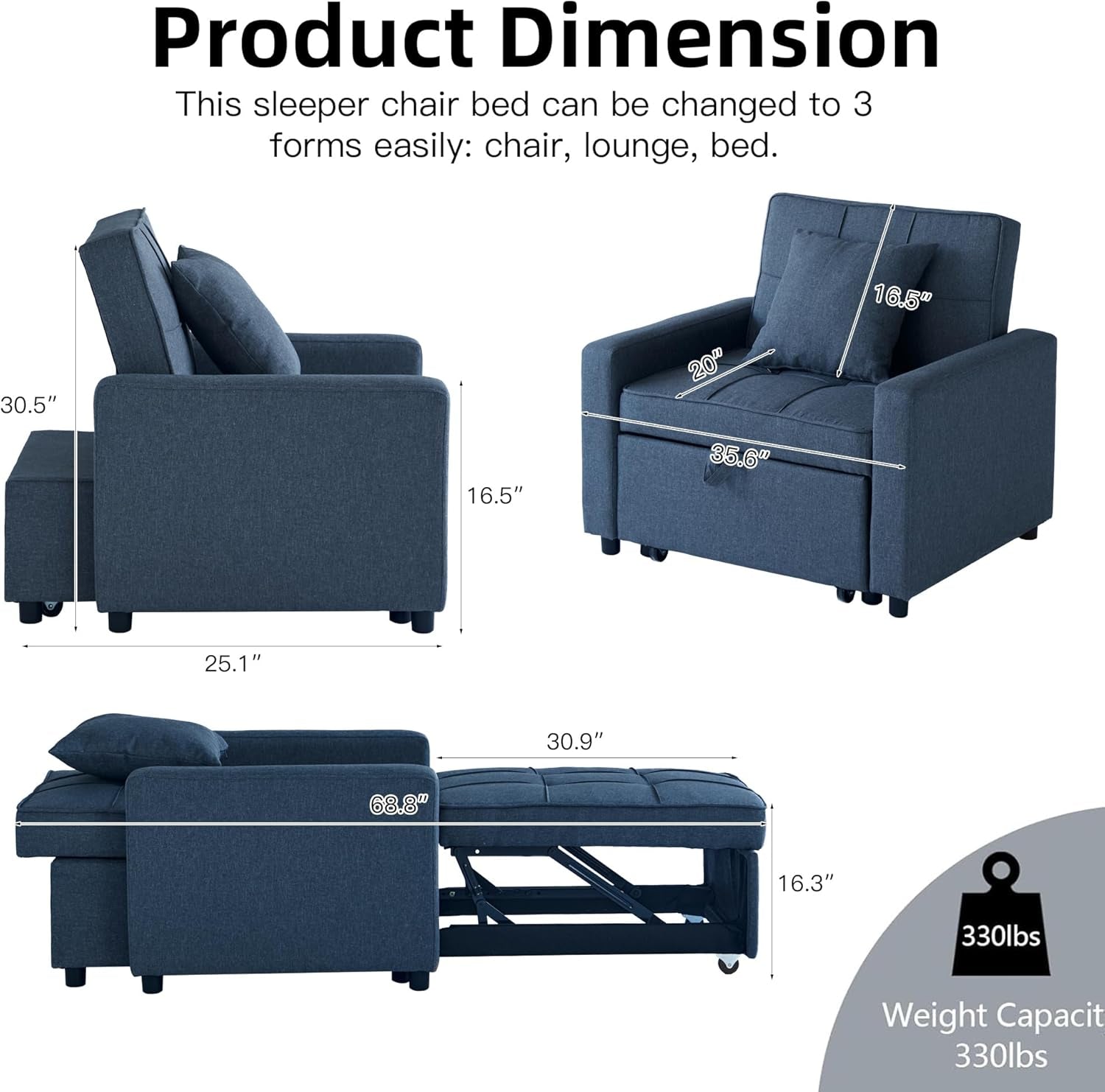 Convertible Sofa Bed Chair with Reclining Backrest