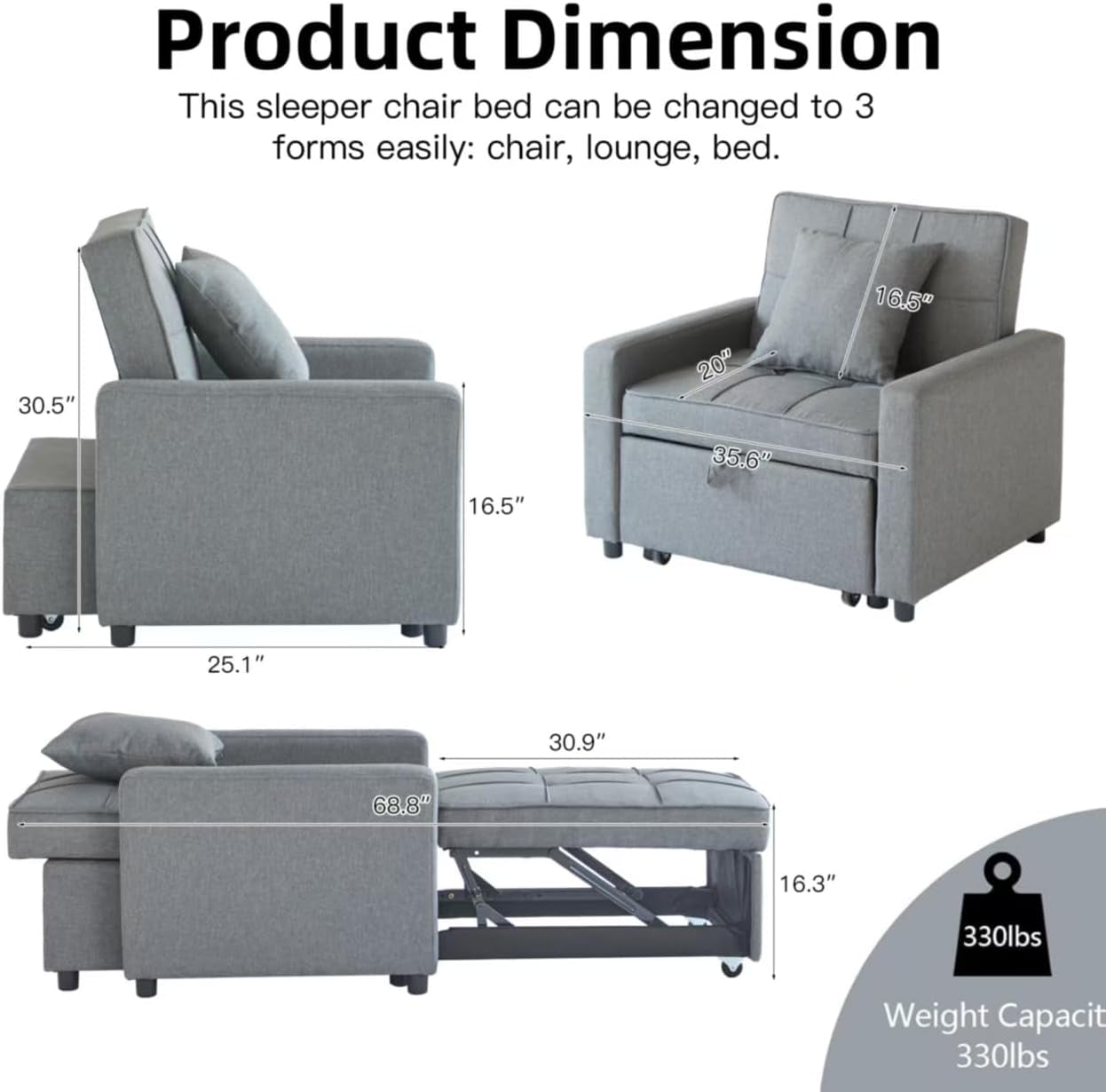 Convertible Sofa Bed Chair with Reclining Backrest