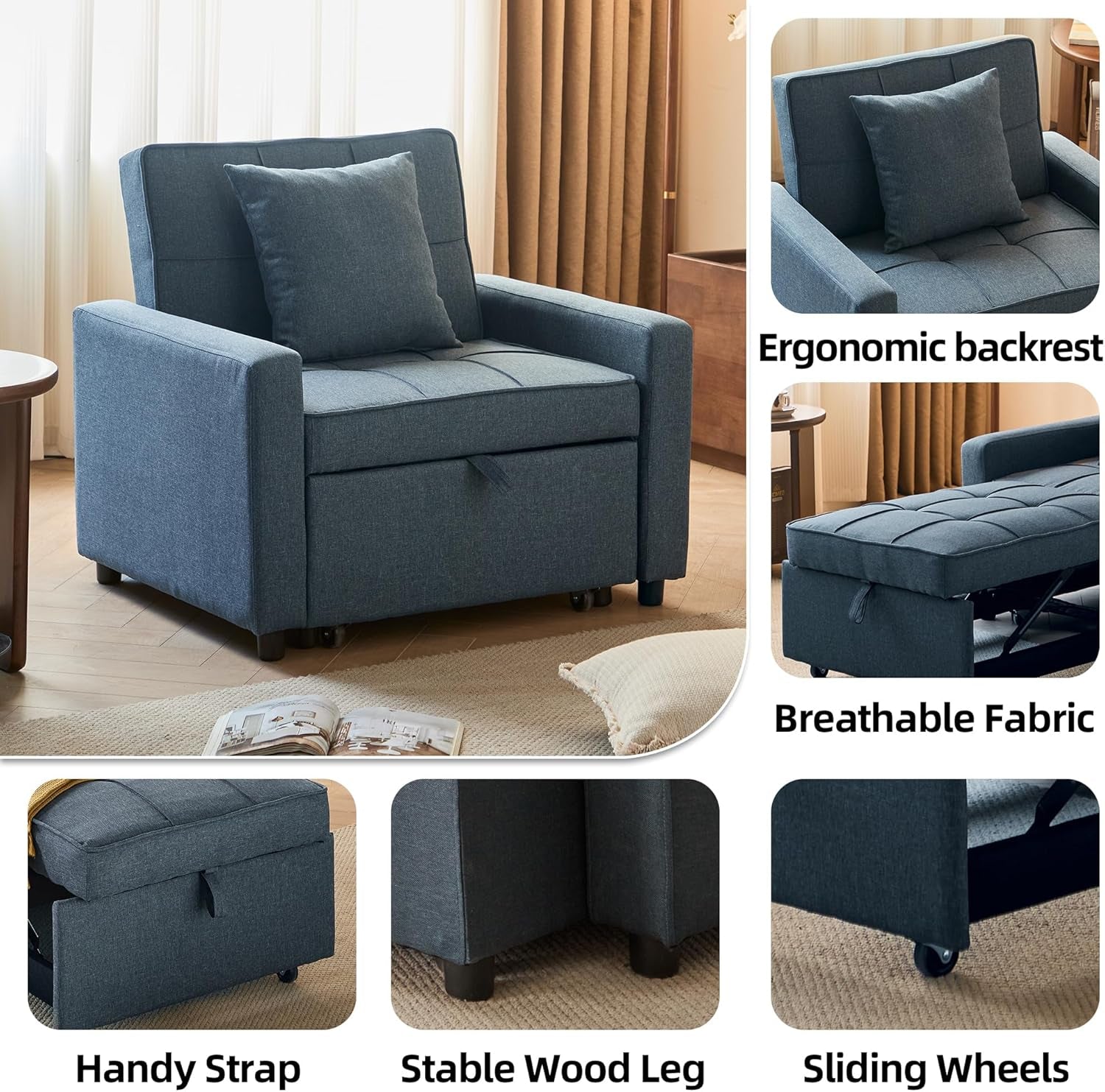 Convertible Sofa Bed Chair with Reclining Backrest