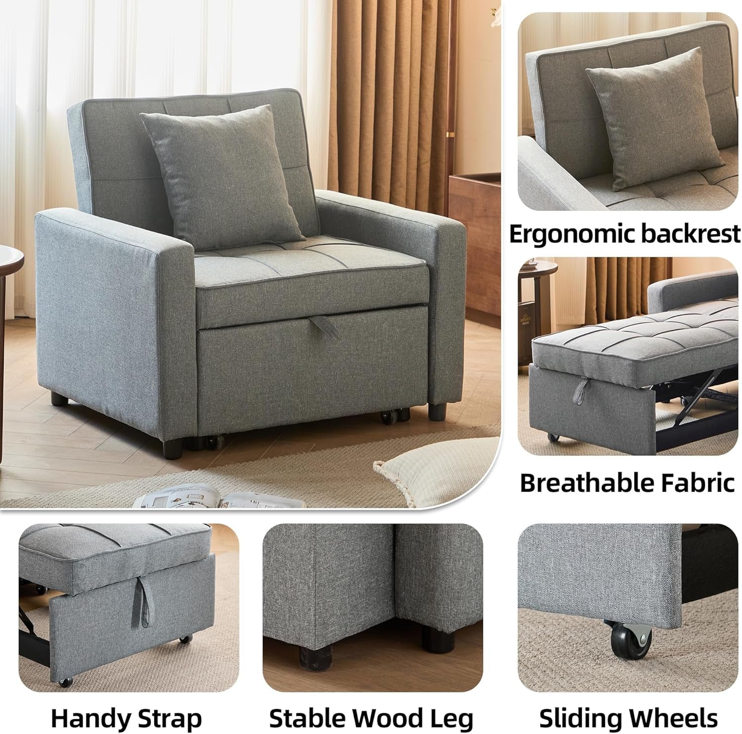 Convertible Sofa Bed Chair with Reclining Backrest