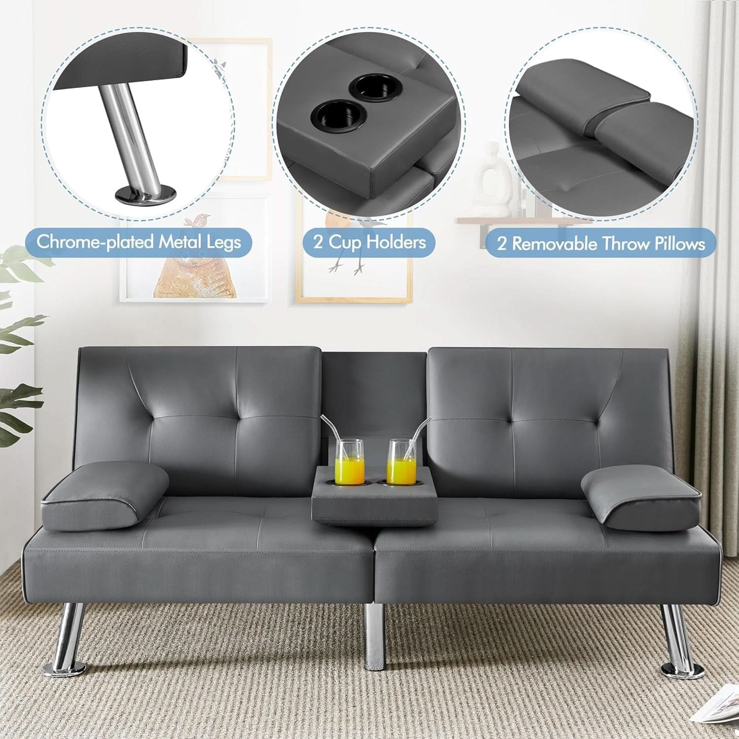 Convertible Sofa Bed Gray With Adjustable Recline