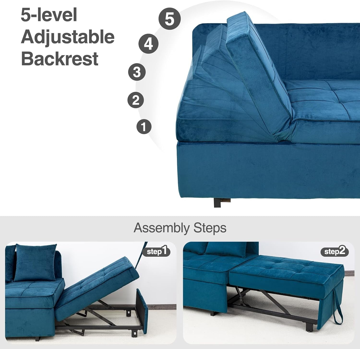 Convertible Sofa Bed With Adjustable Backrest And Pillows