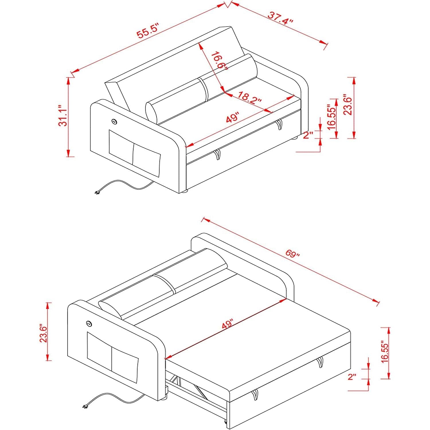 Convertible Sofa Bed With USB Charging And Pockets