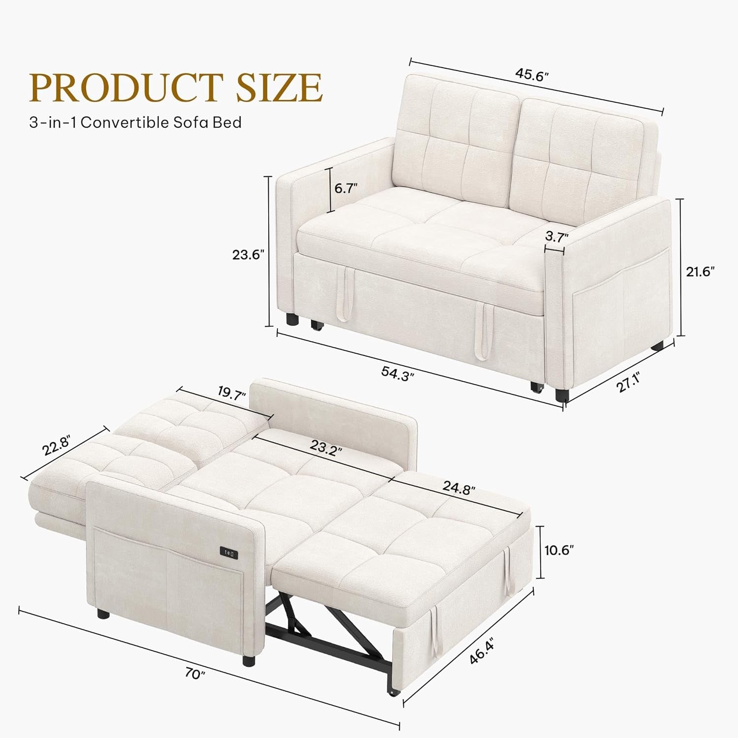 Convertible Sofa Bed with Reclining Backrest and USB