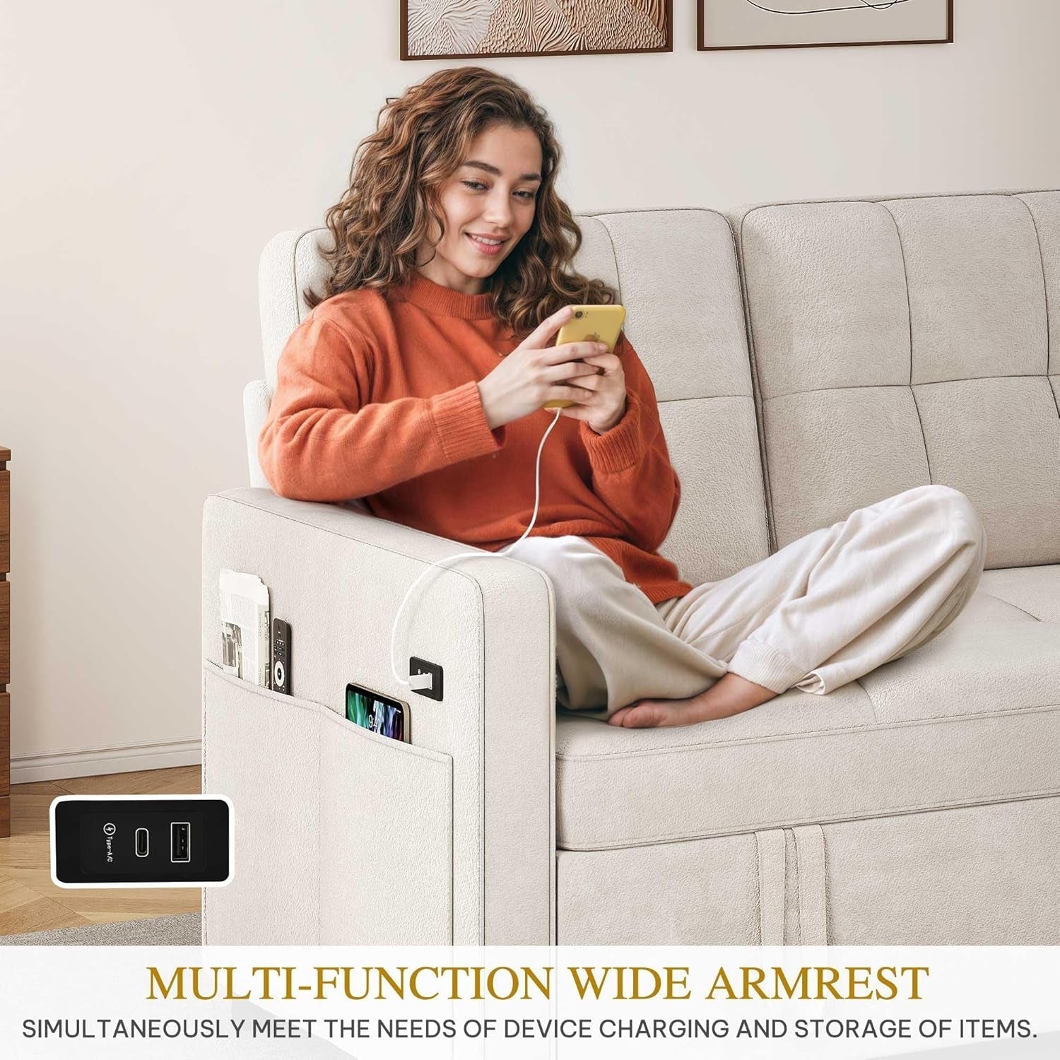 Convertible Sofa Bed with Reclining Backrest and USB