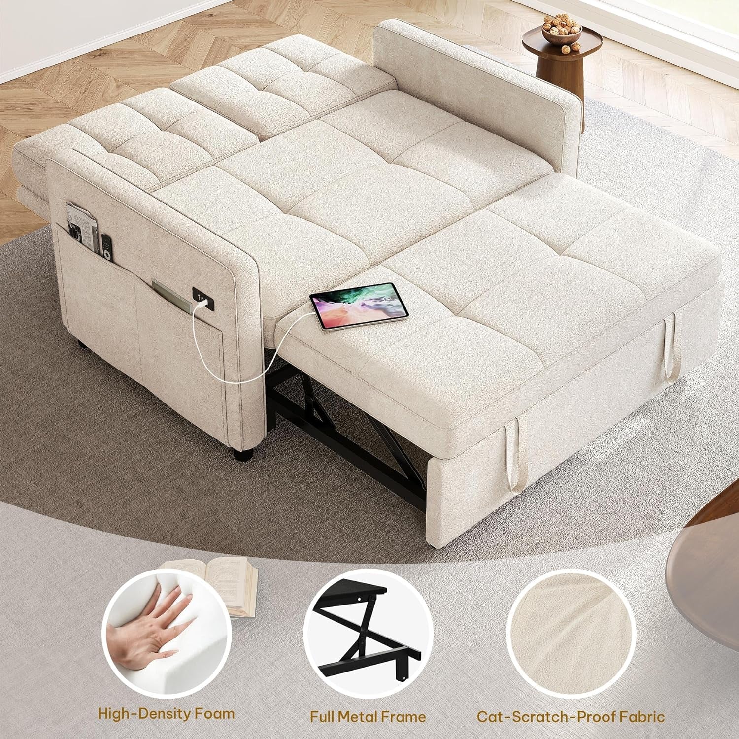 Convertible Sofa Bed with Reclining Backrest and USB