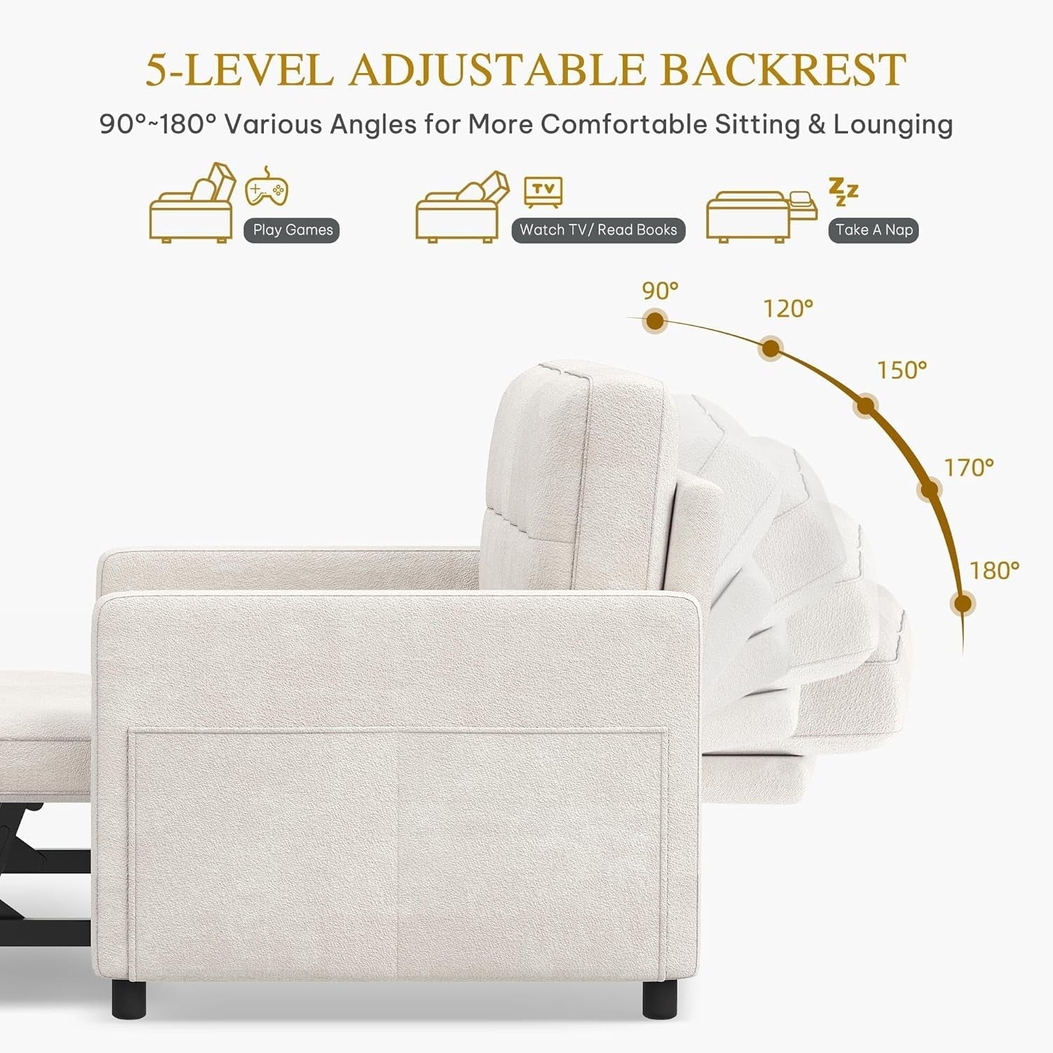 Convertible Sofa Bed with Reclining Backrest and USB