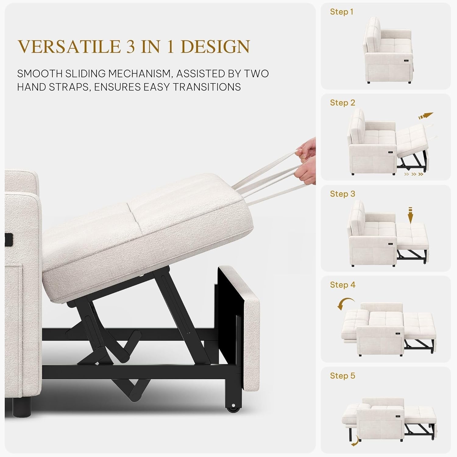Convertible Sofa Bed with Reclining Backrest and USB
