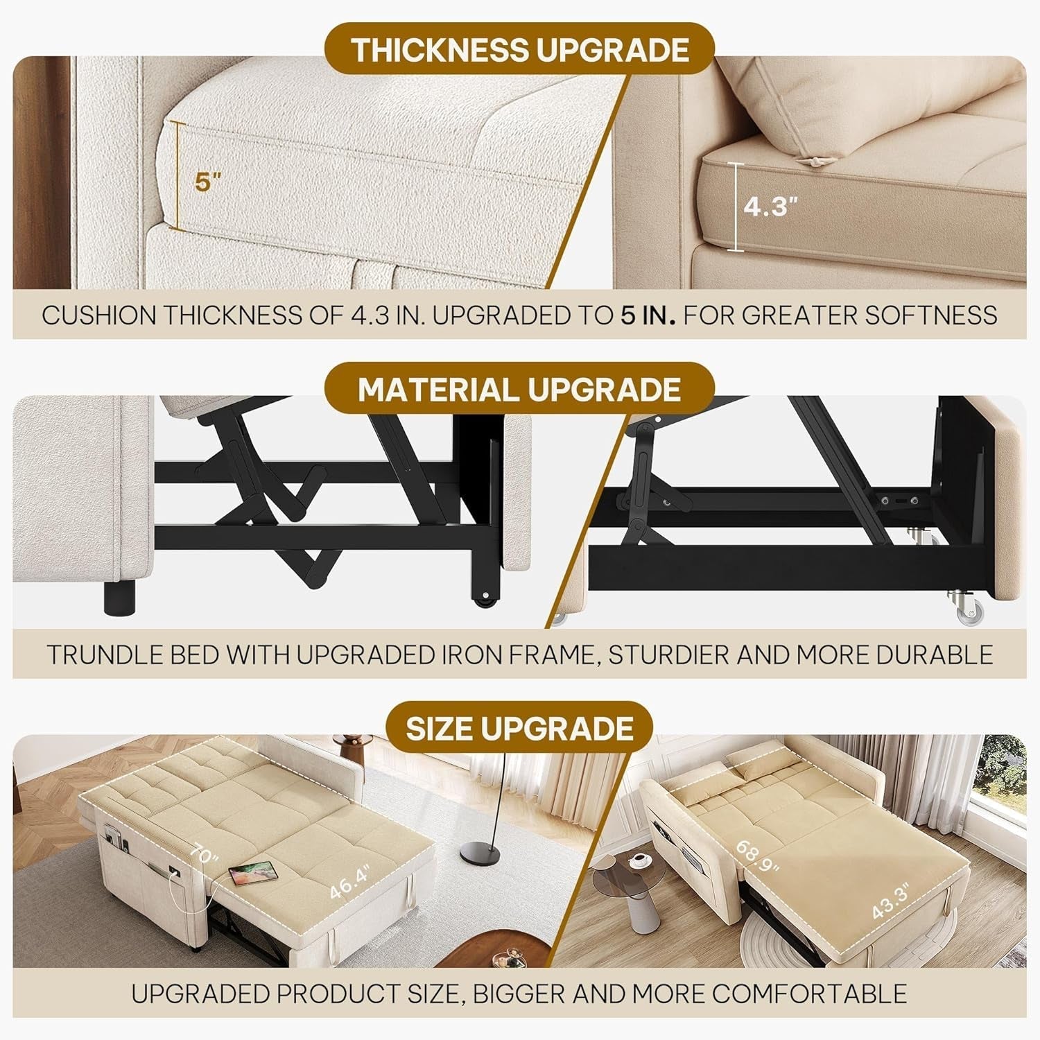 Convertible Sofa Bed with Reclining Backrest and USB