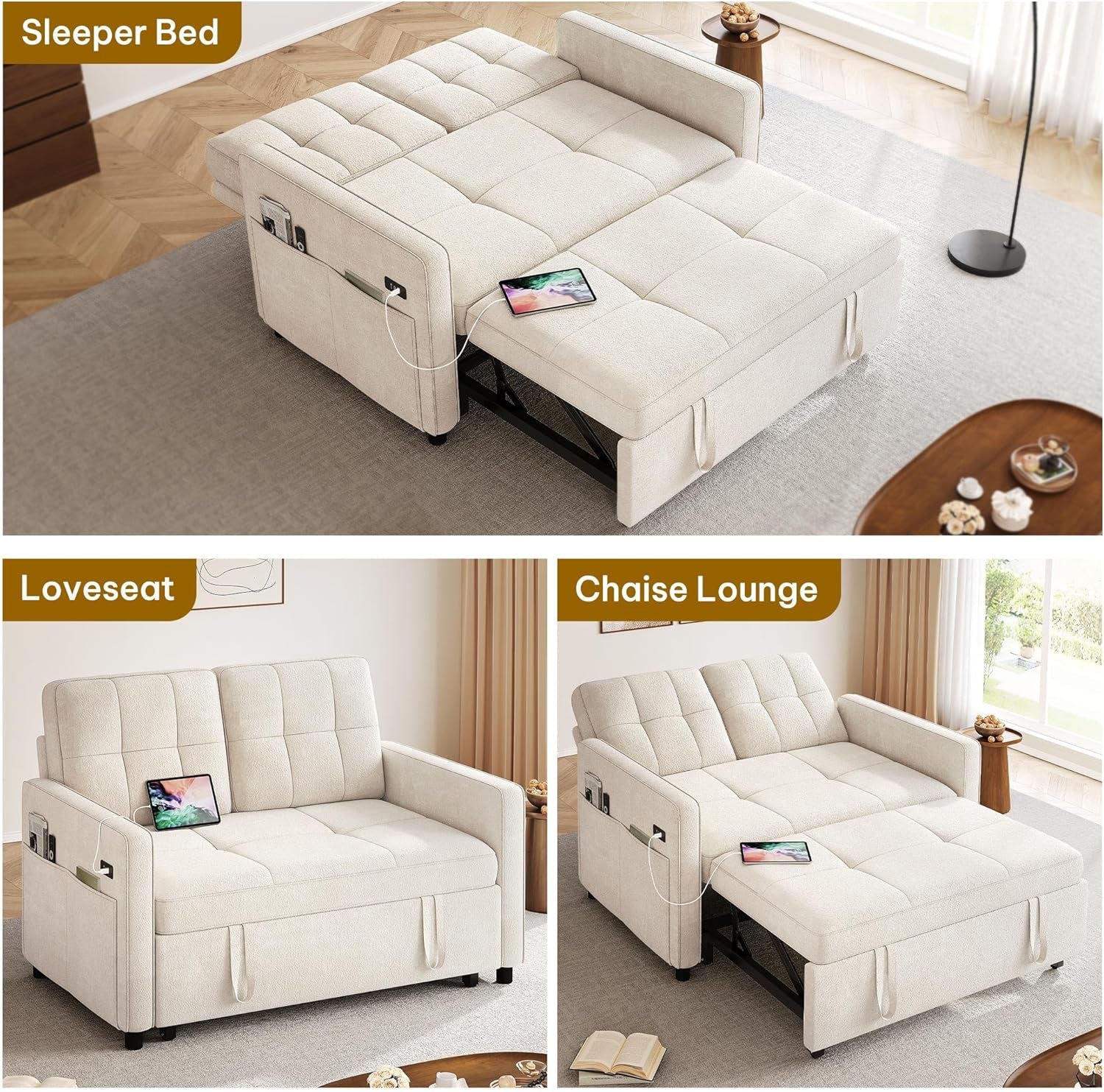 Convertible Sofa Bed with Reclining Backrest and USB
