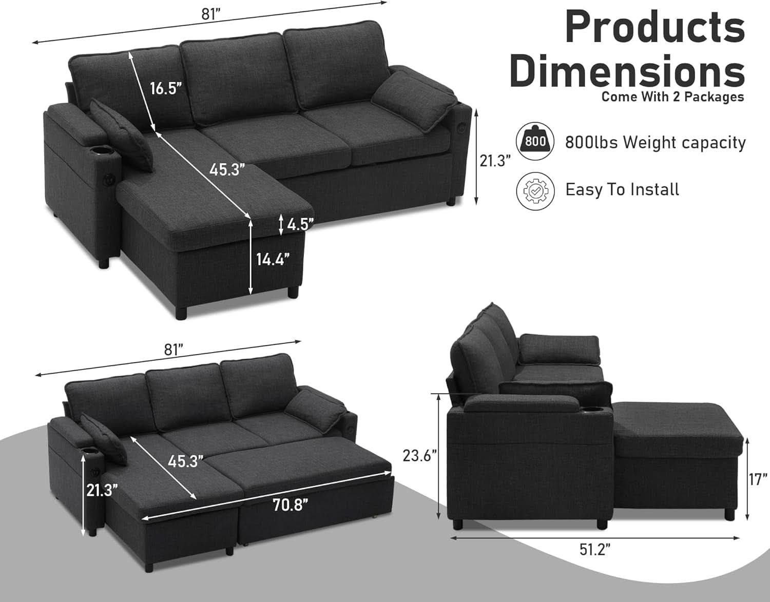 Convertible Sofa Bed with Storage and Cup Holder