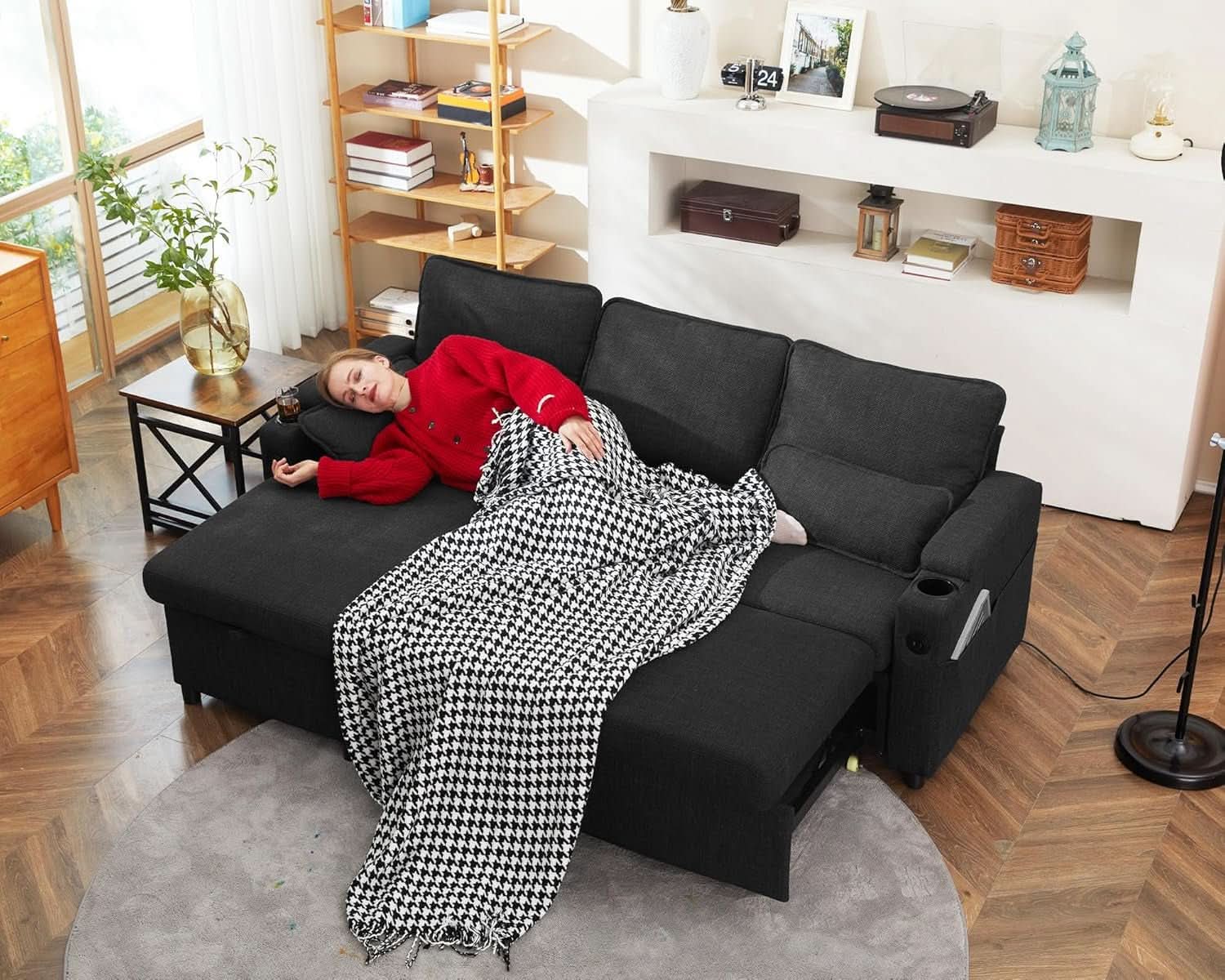 Convertible Sofa Bed with Storage and Cup Holder