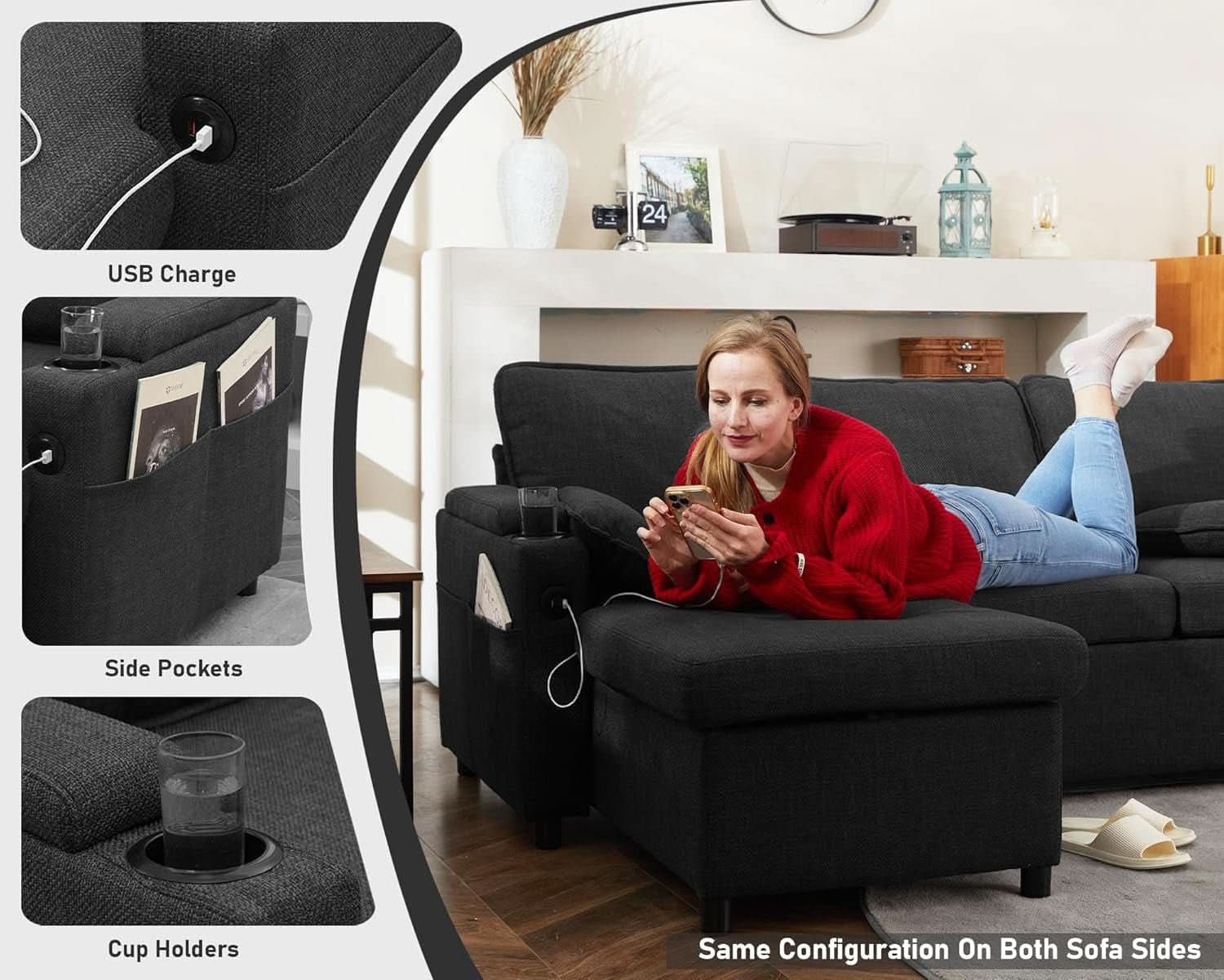 Convertible Sofa Bed with Storage and Cup Holder