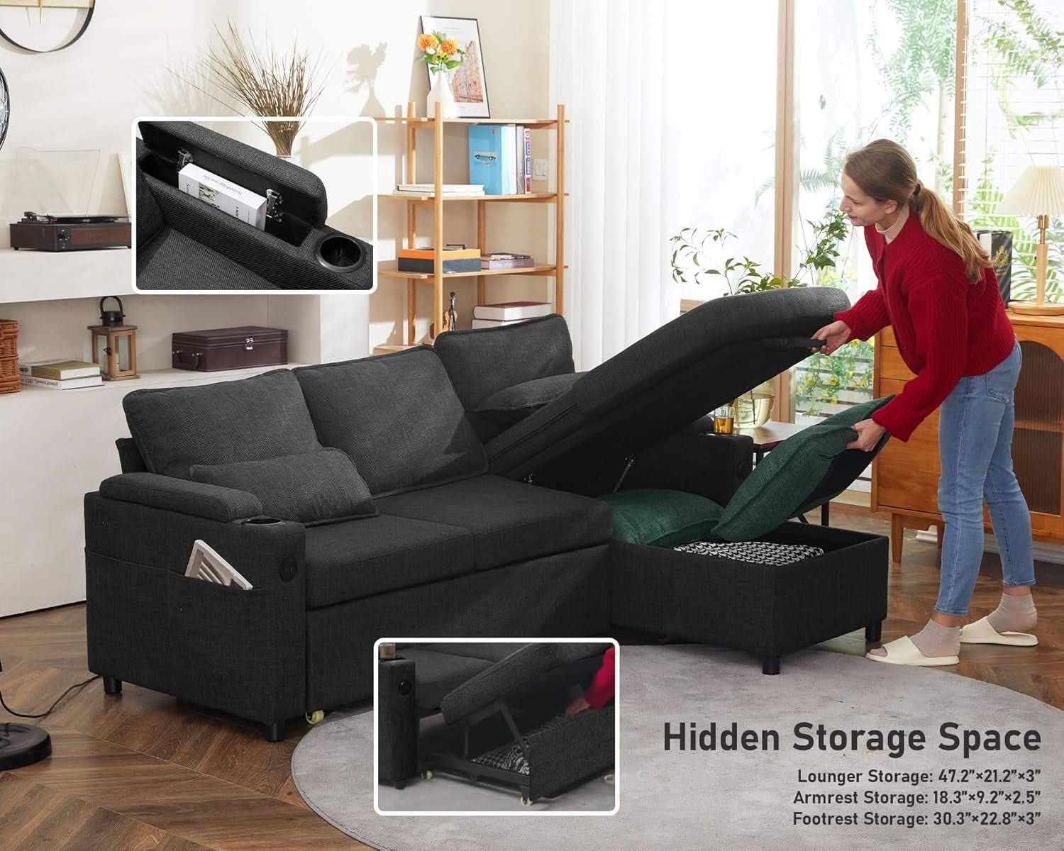 Convertible Sofa Bed with Storage and Cup Holder