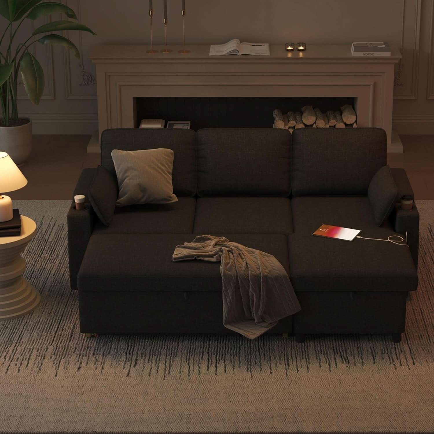 Convertible Sofa Bed with Storage and Cup Holder