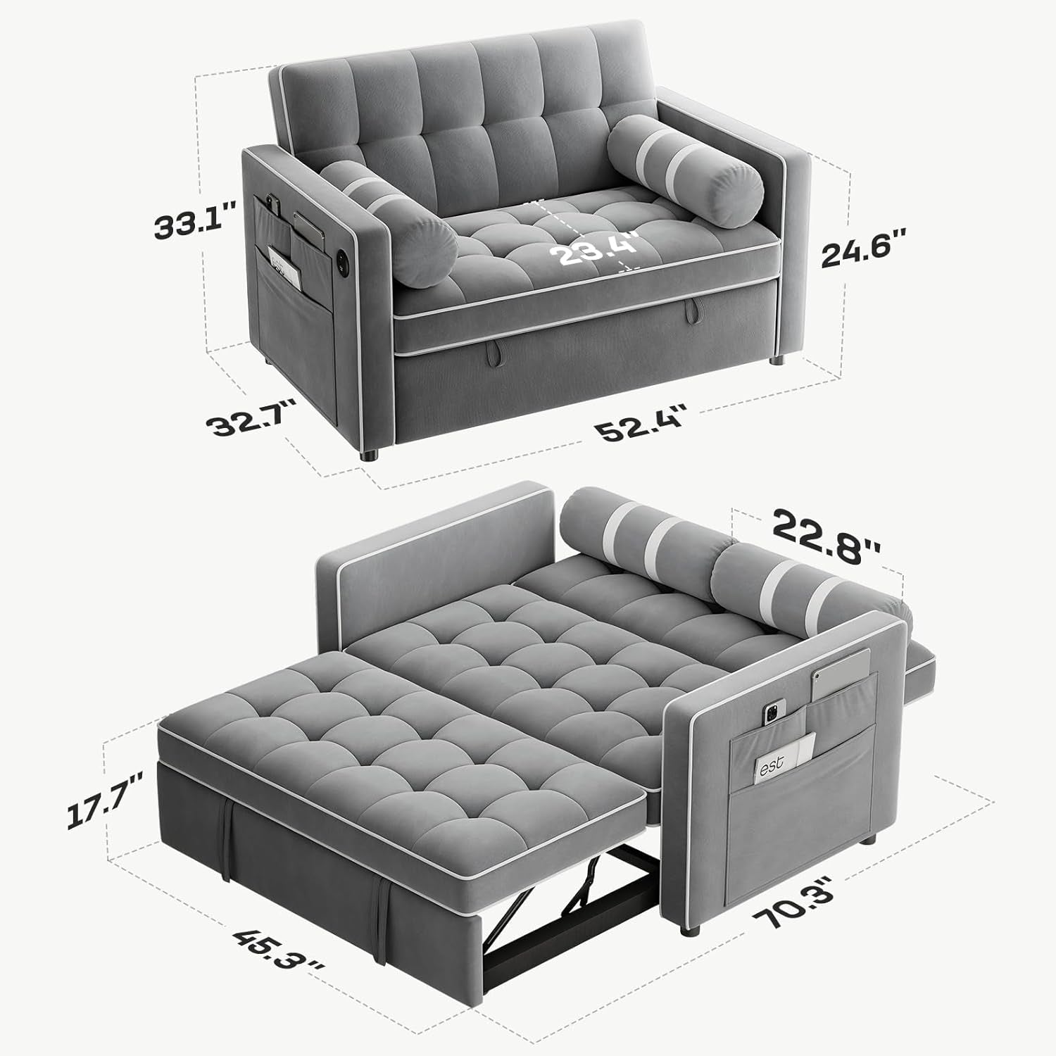 Convertible Sofa Bed with USB Charging and Adjustable Backrest