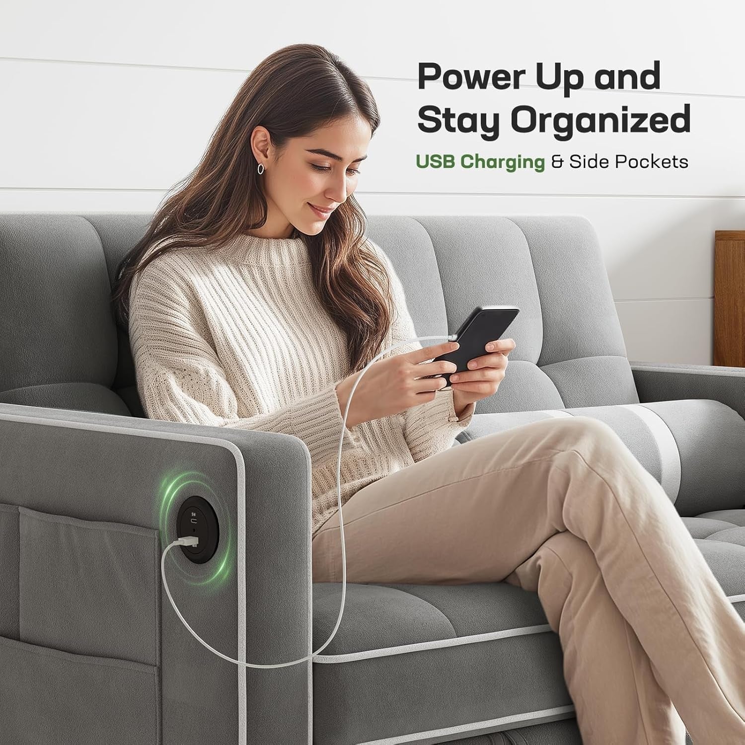 Convertible Sofa Bed with USB Charging and Adjustable Backrest
