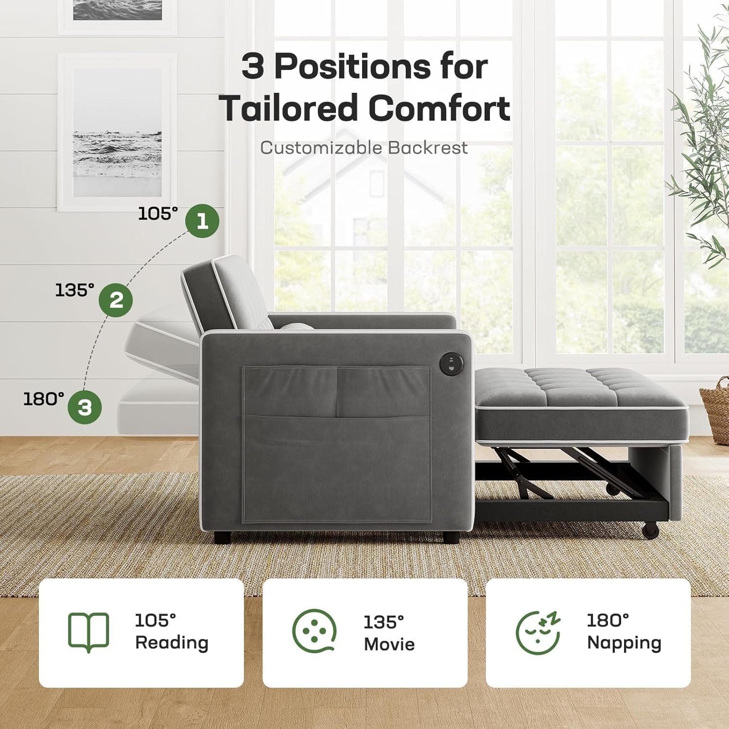 Convertible Sofa Bed with USB Charging and Adjustable Backrest