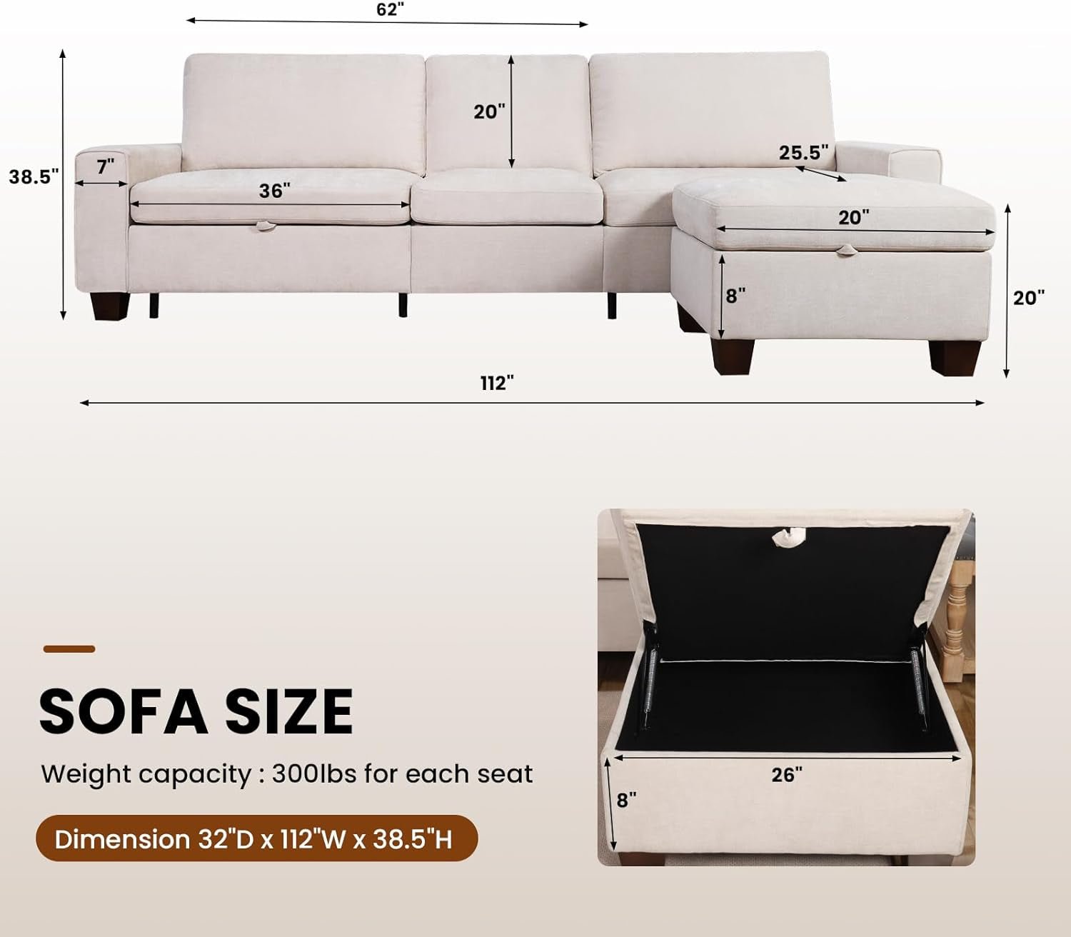 Convertible Storage Sectional Sofa with Spacious Hidden Storage