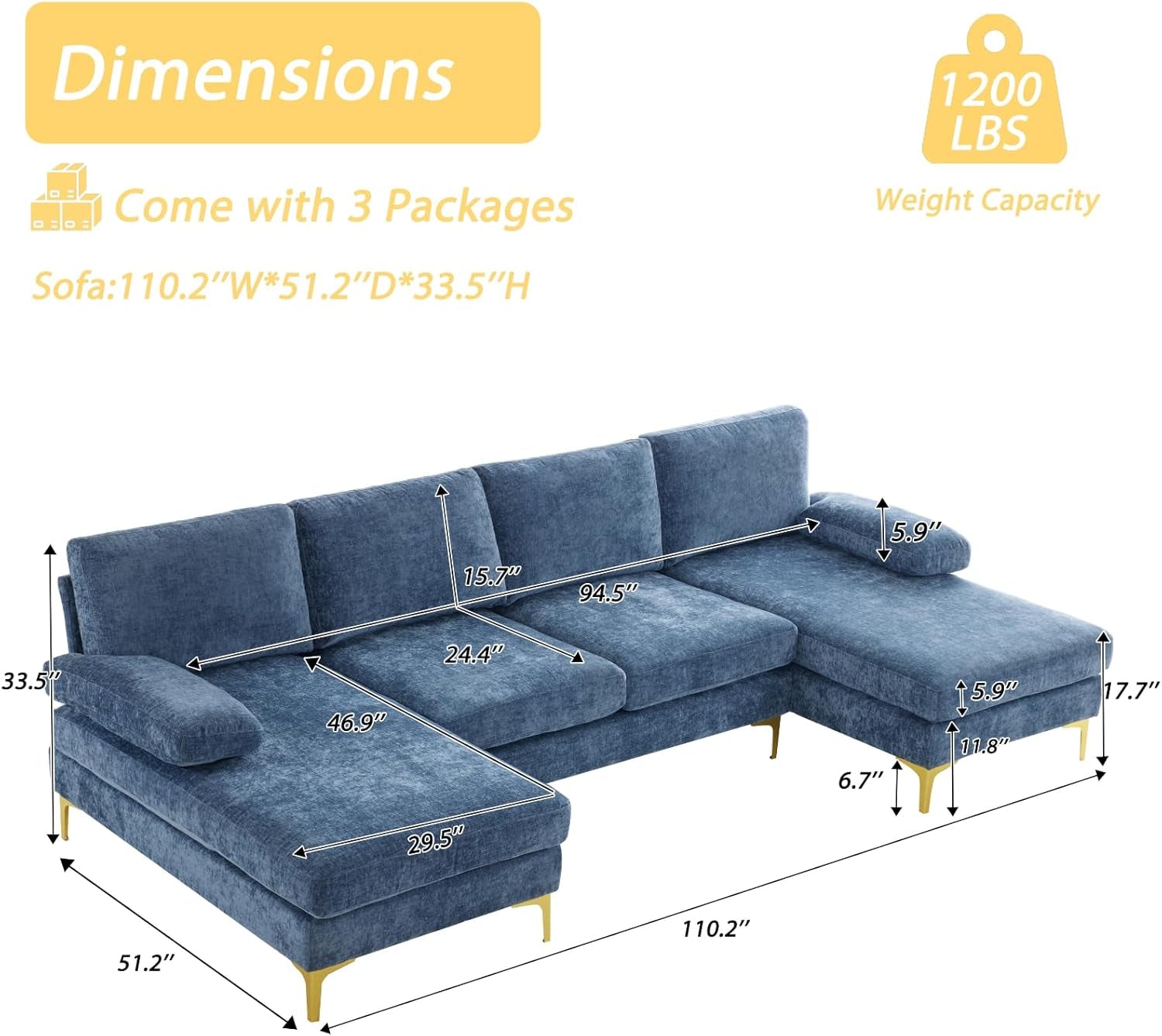 Convertible U-Shape Sectional Sofa 110 Grey-Blue Couch