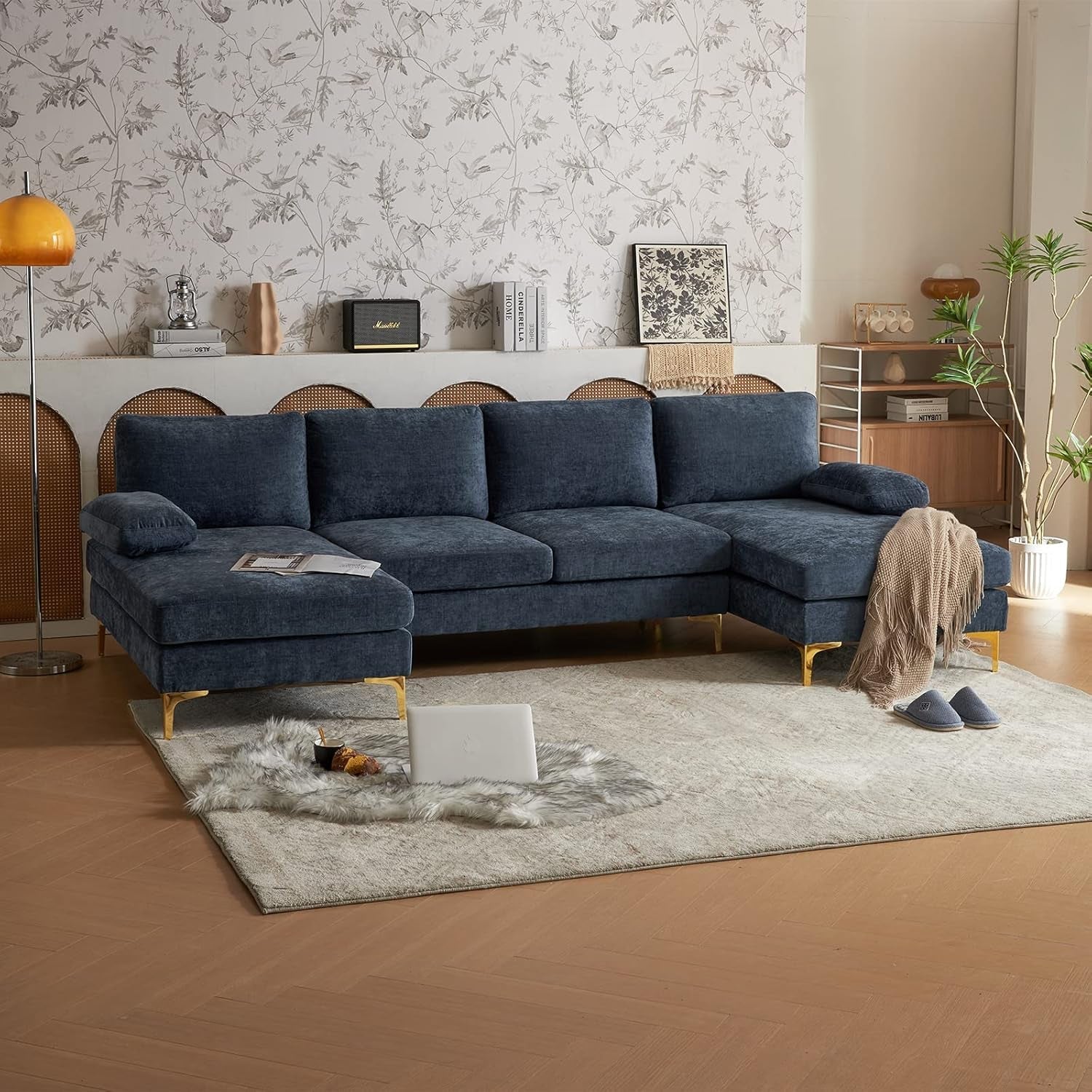 Convertible U-Shape Sectional Sofa 110 Grey-Blue Couch