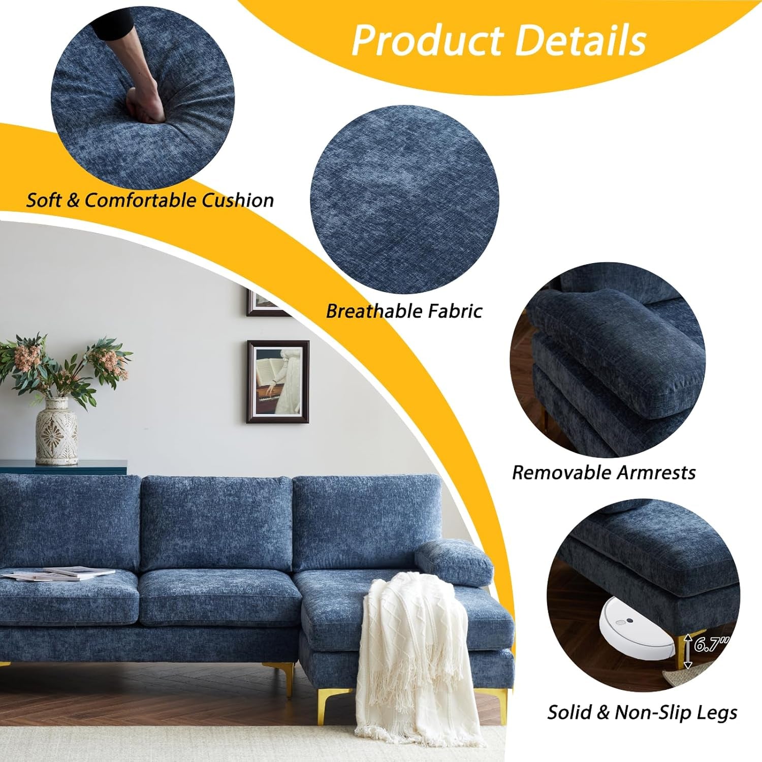 Convertible U-Shape Sectional Sofa 110 Grey-Blue Couch
