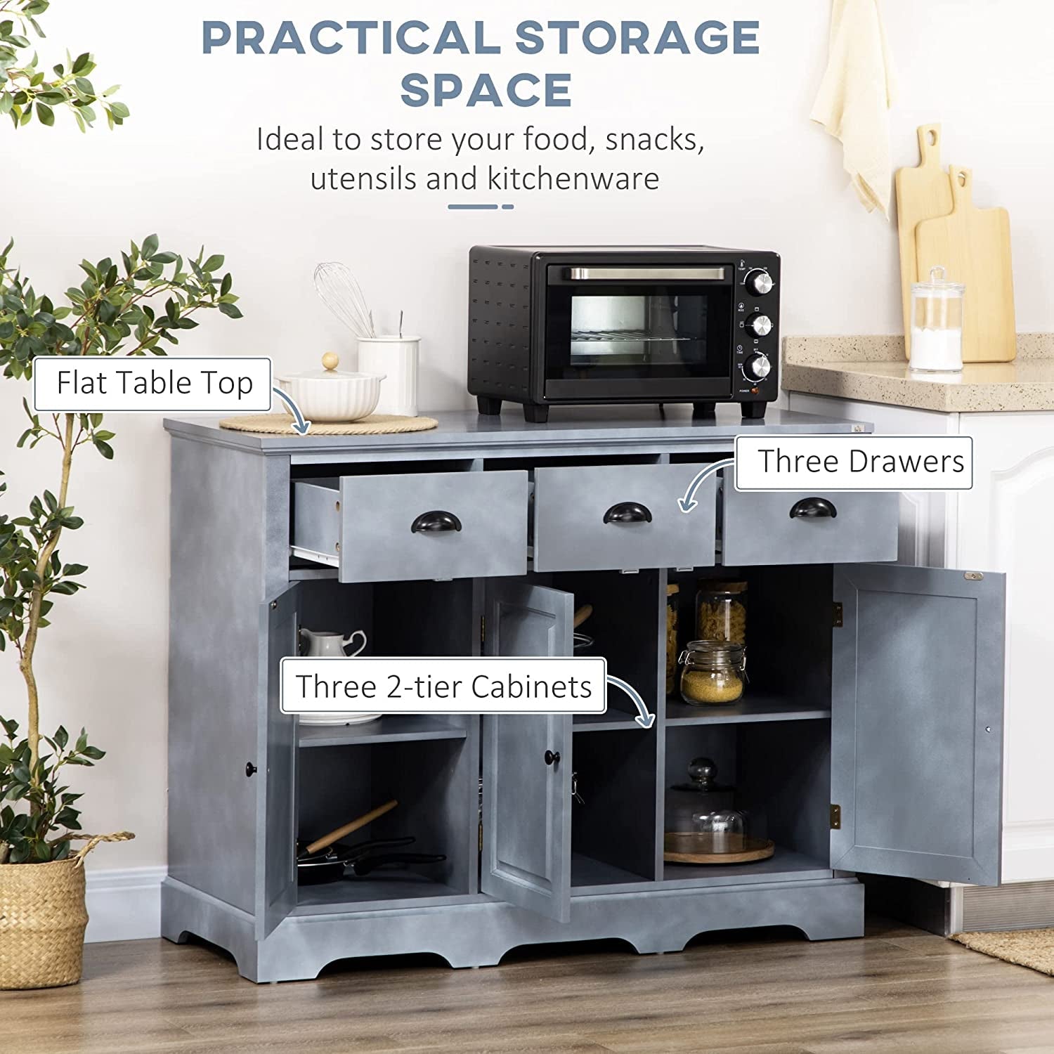 Cool Gray Kitchen Buffet Cabinet With Adjustable Shelves