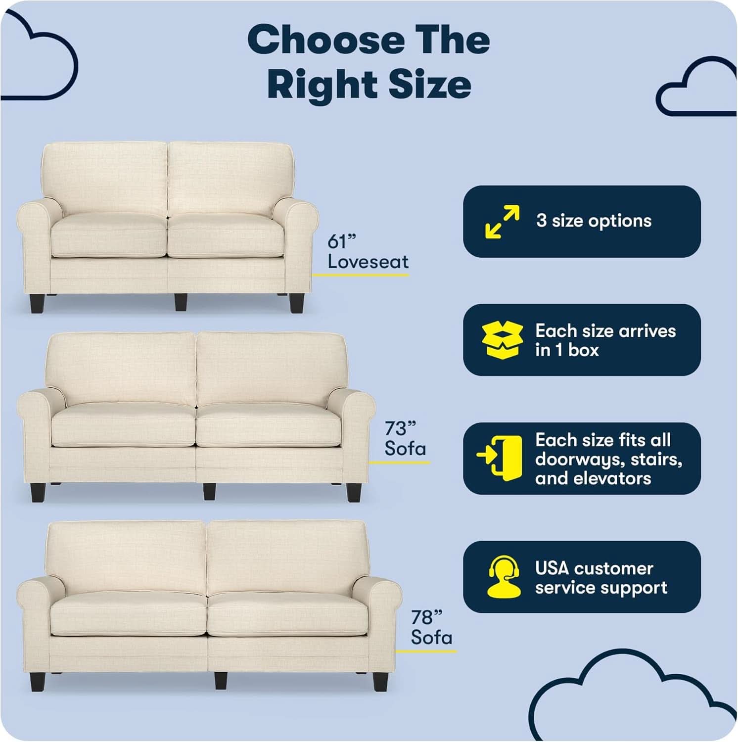 Copenhgen 73 Inch Rolled Arm Sofa Buttercream With Removable Covers
