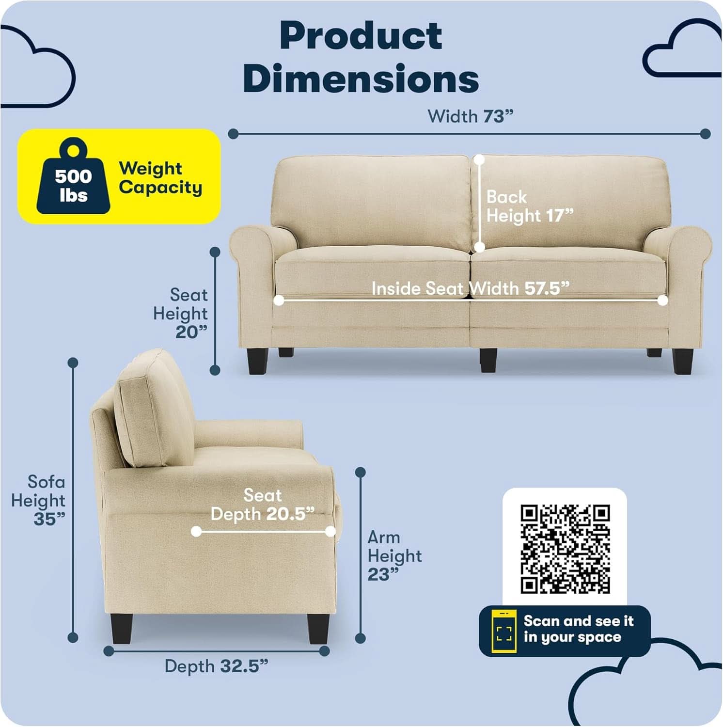 Copenhgen 73 Inch Rolled Arm Sofa Buttercream With Removable Covers