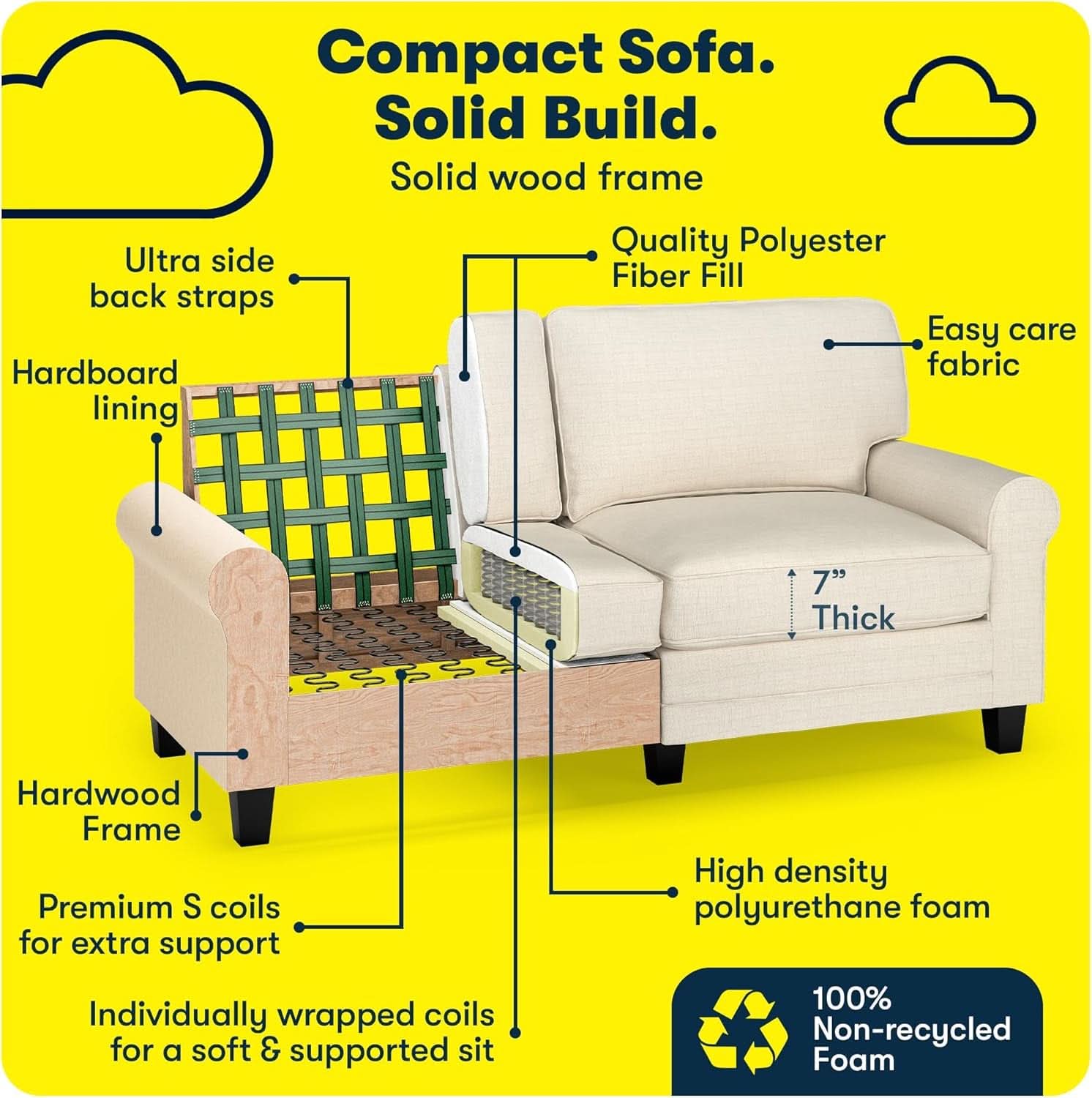 Copenhgen 73 Inch Rolled Arm Sofa Buttercream With Removable Covers