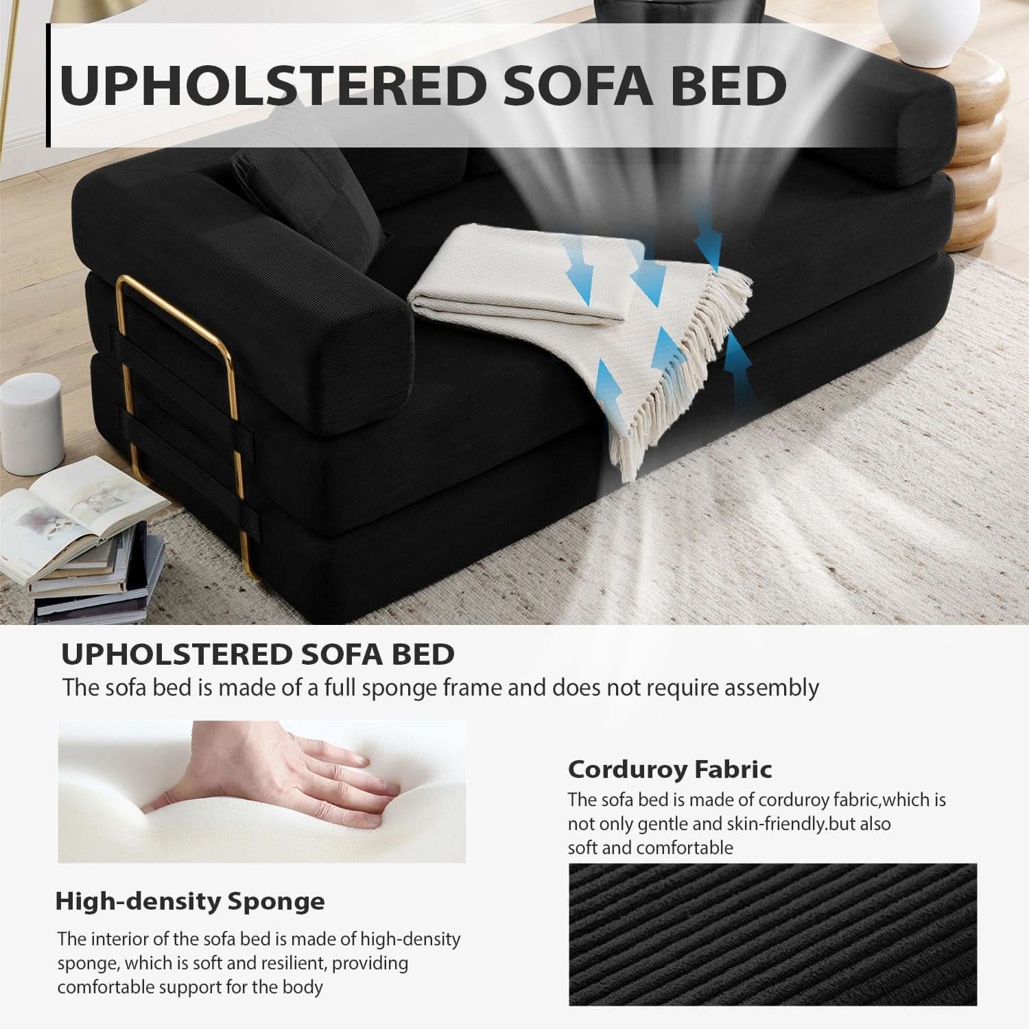 Corduroy 78Inch Multifunctional Convertible Sofa Bed Black