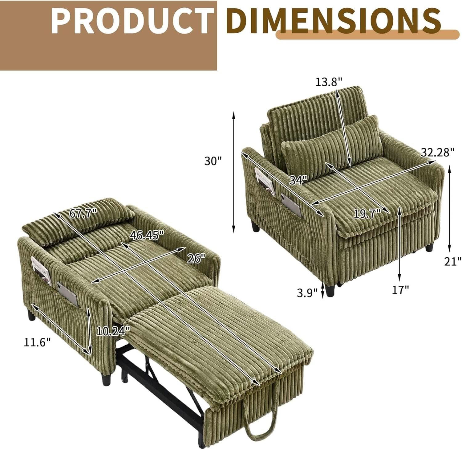Corduroy Convertible Sofa Bed With Forest Green Fabric