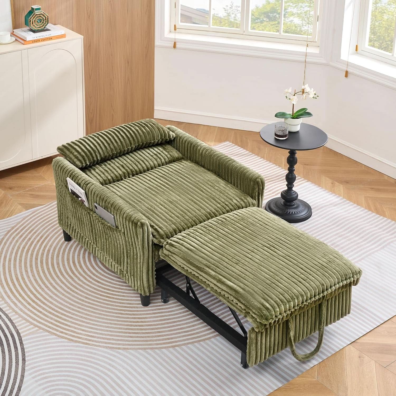 Corduroy Convertible Sofa Bed With Forest Green Fabric