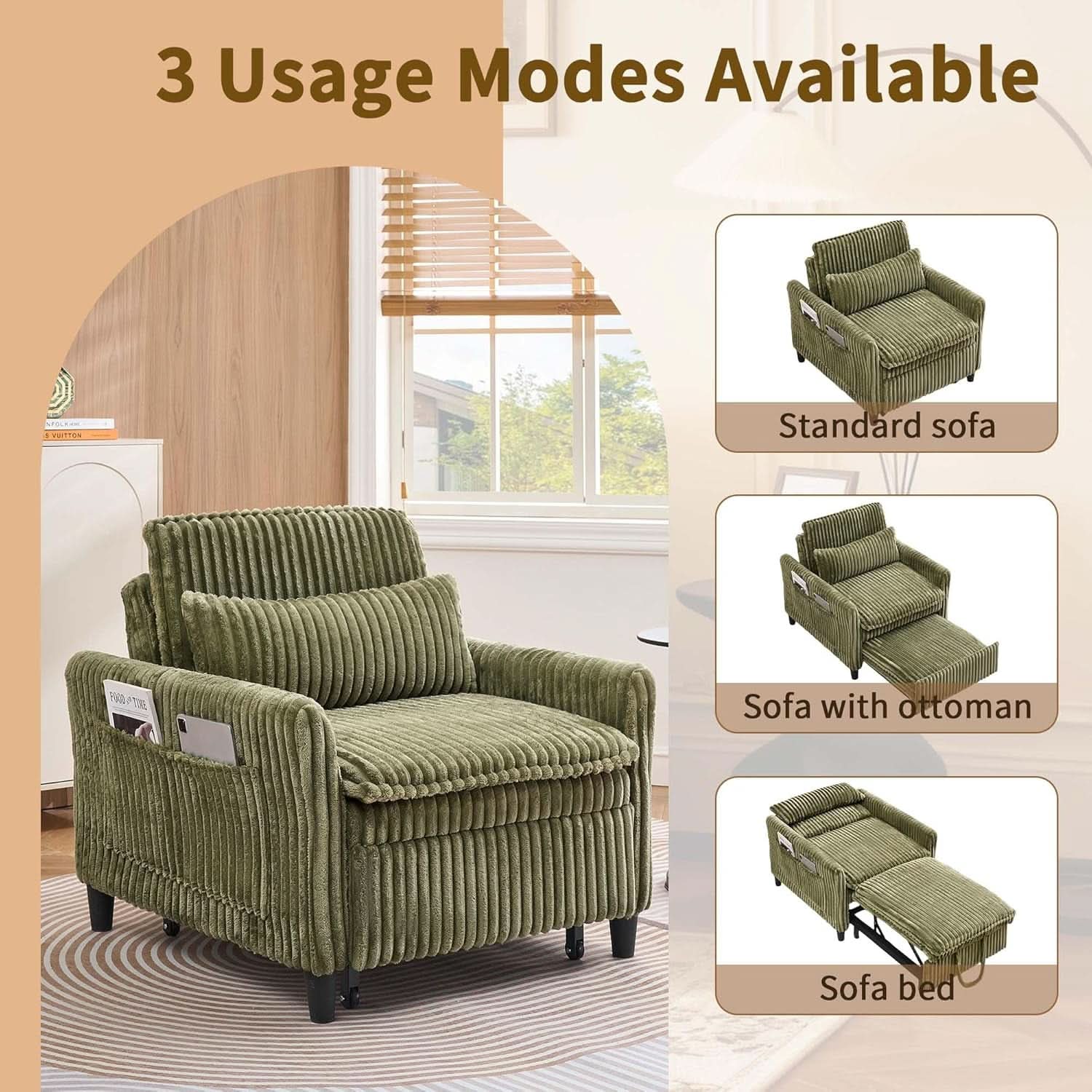 Corduroy Convertible Sofa Bed With Forest Green Fabric