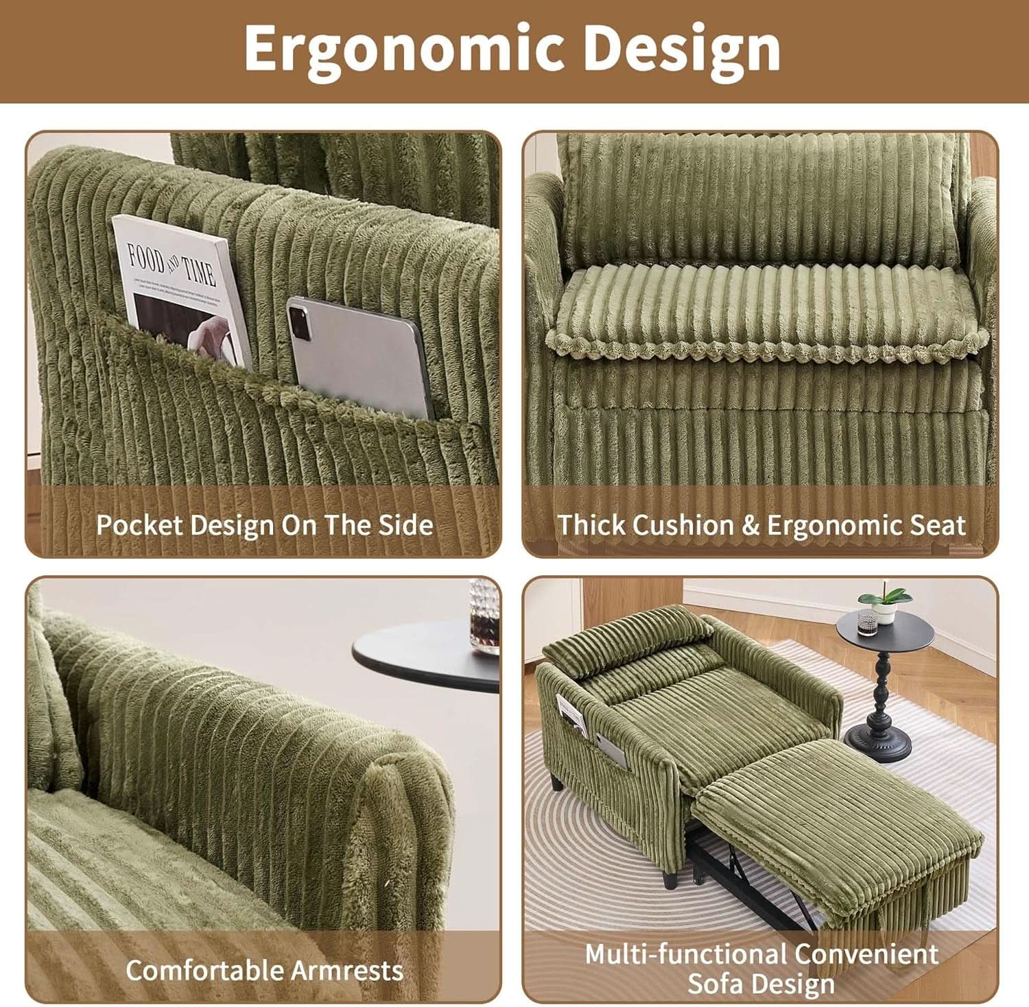 Corduroy Convertible Sofa Bed With Forest Green Fabric