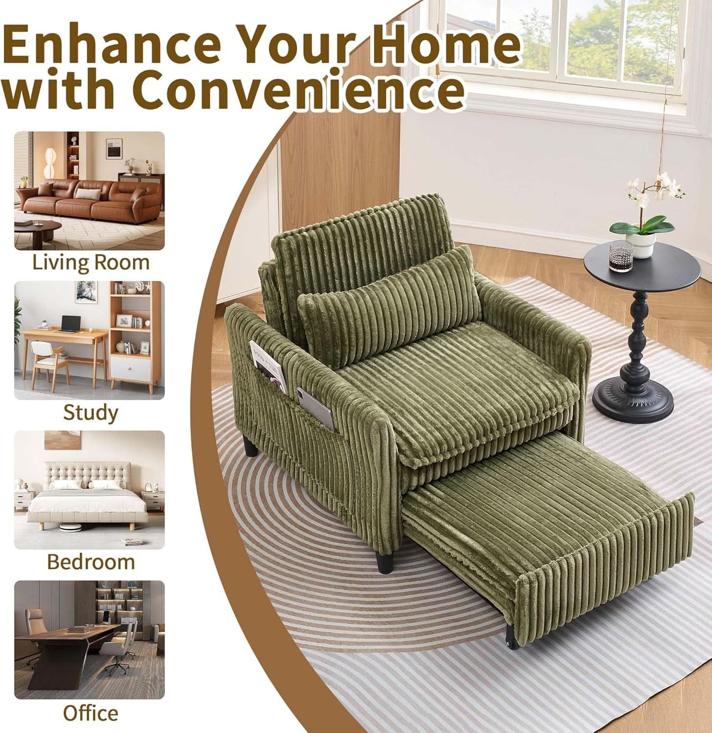 Corduroy Convertible Sofa Bed With Forest Green Fabric
