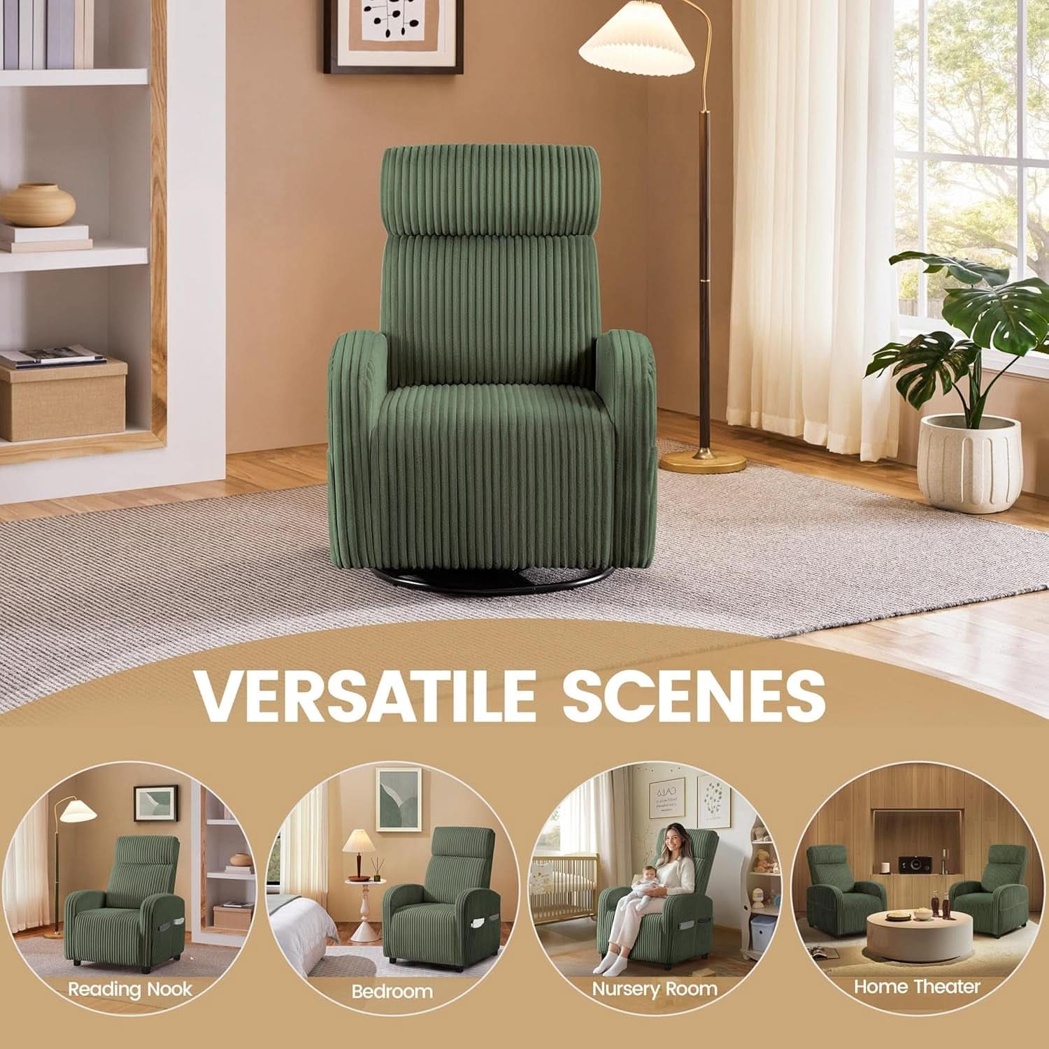 Corduroy Dark Green High-Back Armchair With Pockets