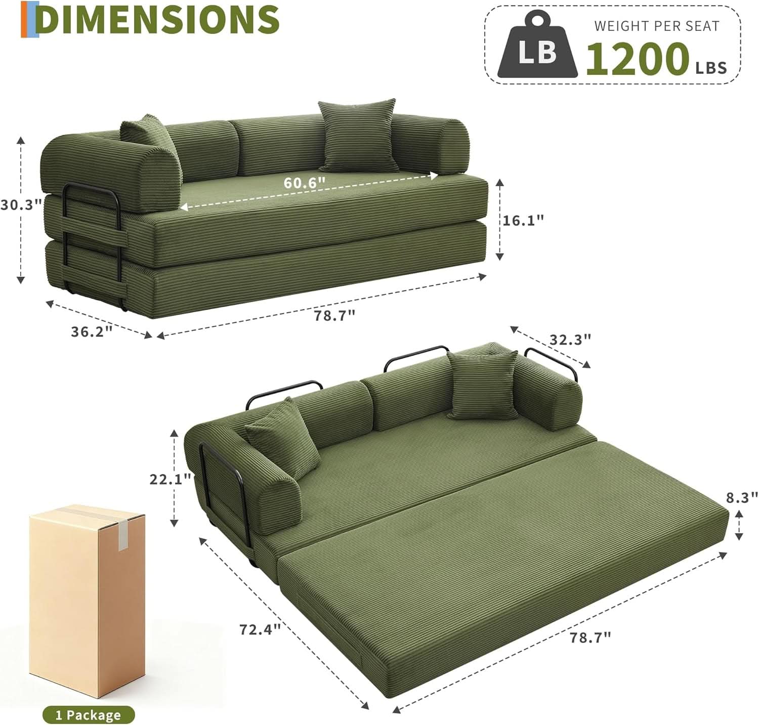 Corduroy Green 79 Inches Inter changeable Plus Sofa Bed