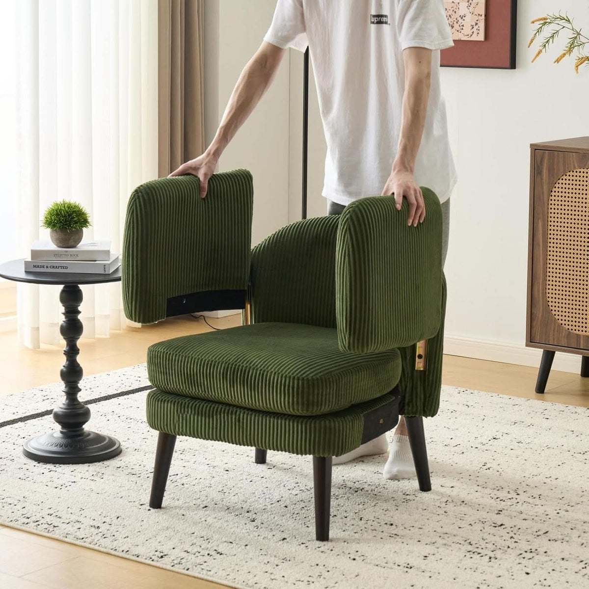 Corduroy Green Barrel Chair 30 Inch Wide With Wood Legs