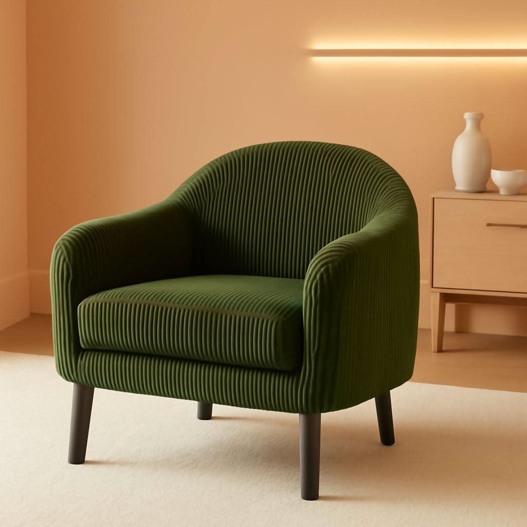 Corduroy Green Barrel Chair 30 Inch Wide With Wood Legs