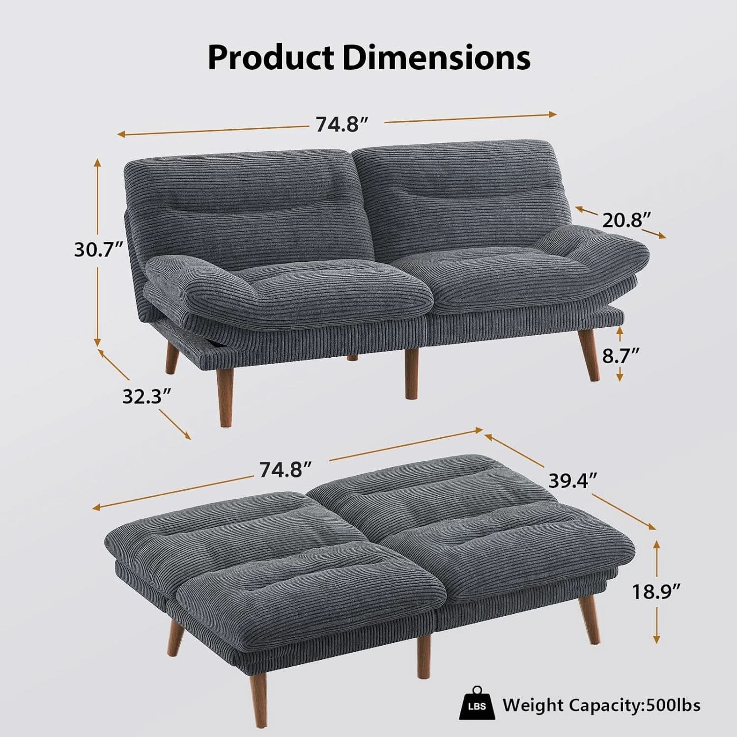 Corduroy Grey 73In Adjustable Backrest Futon SofaBed