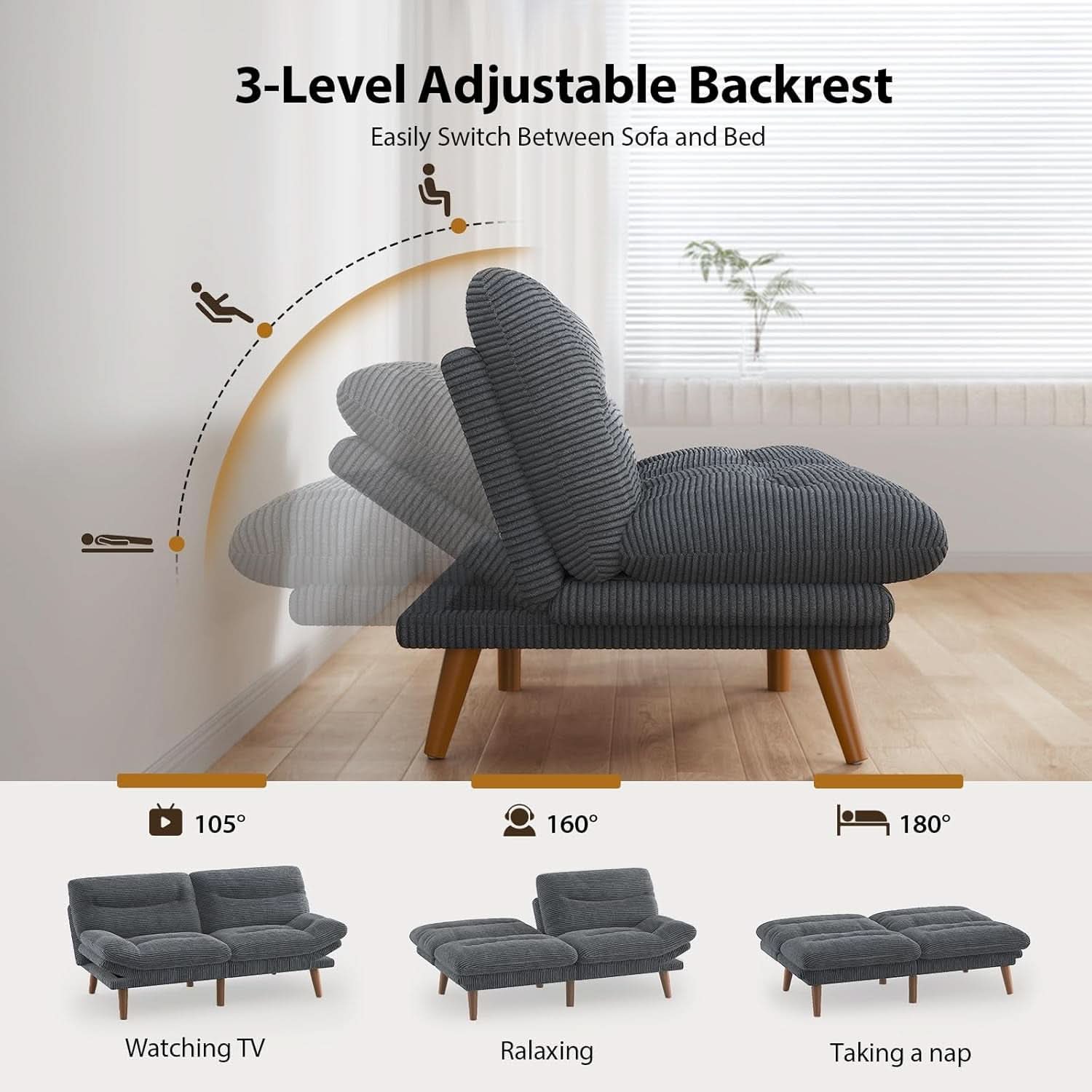 Corduroy Grey 73In Adjustable Backrest Futon SofaBed