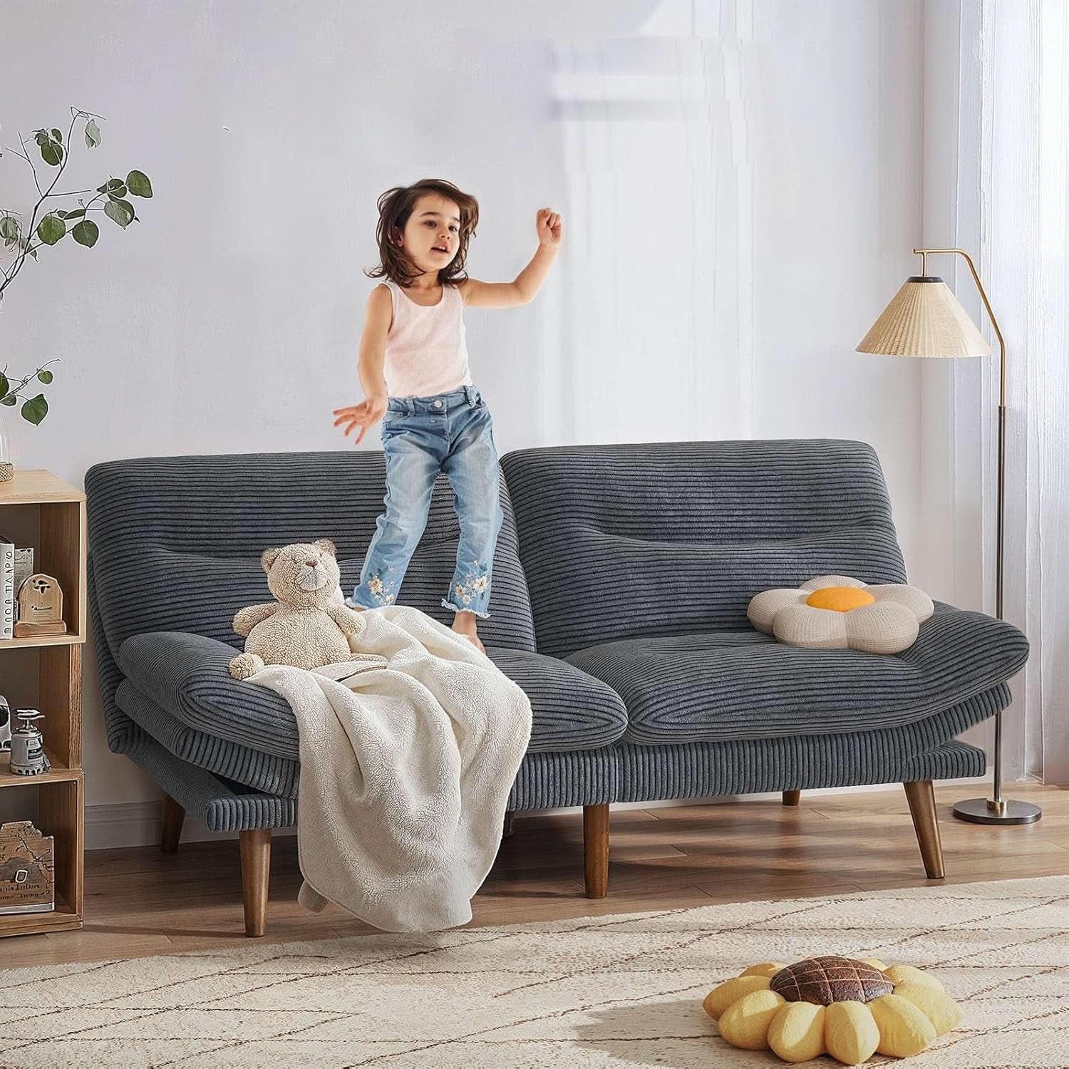 Corduroy Grey 73In Adjustable Backrest Futon SofaBed