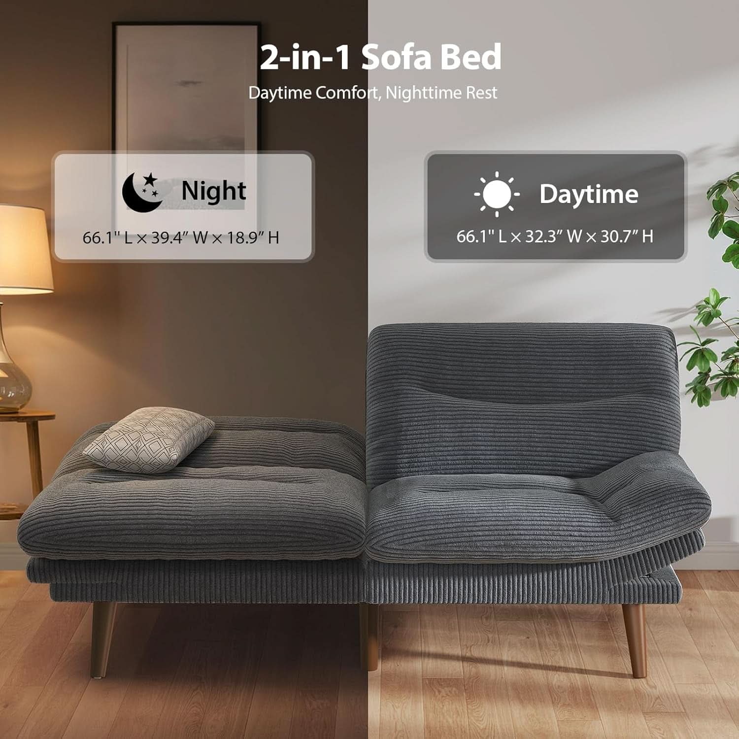 Corduroy Grey 73In Adjustable Backrest Futon SofaBed