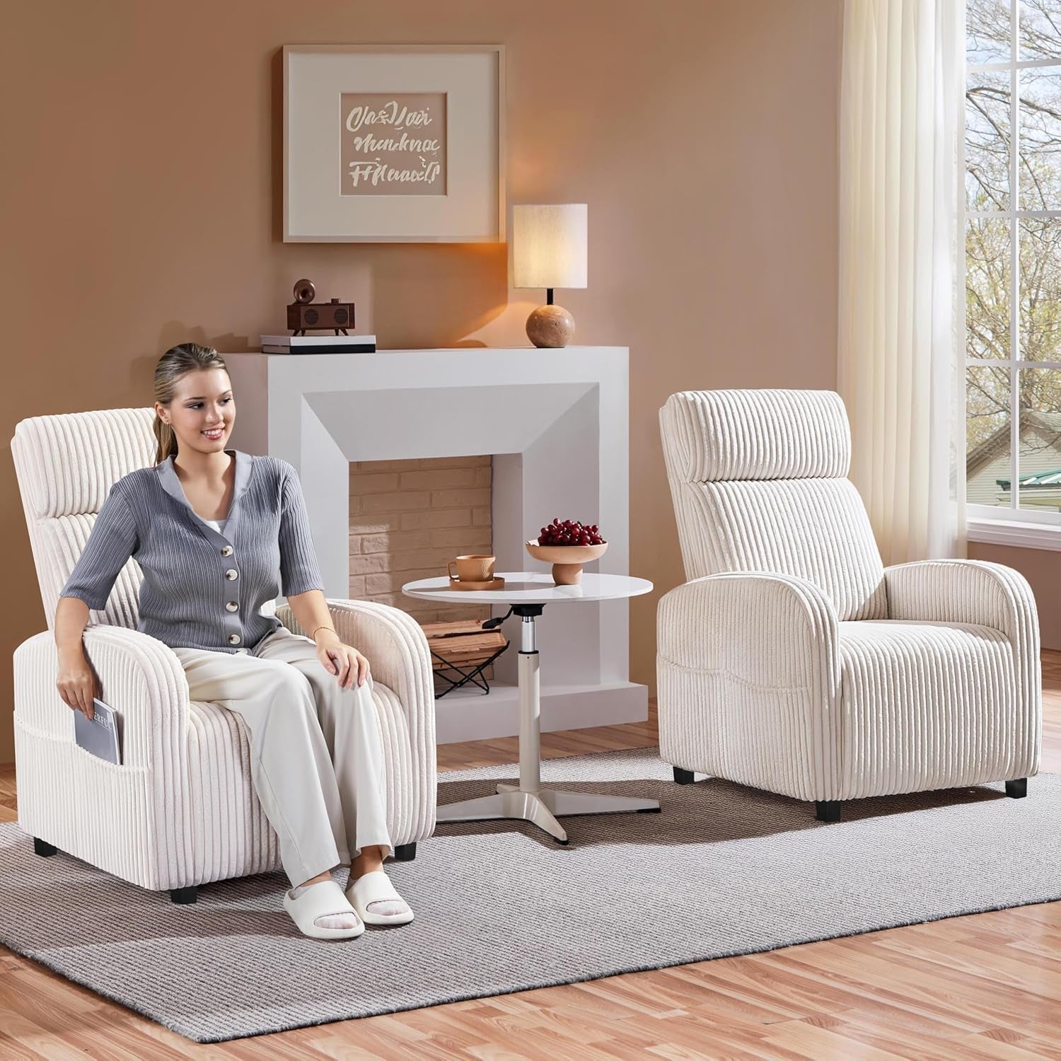 Corduroy High Back Accent Chair Beige With Side Pockets