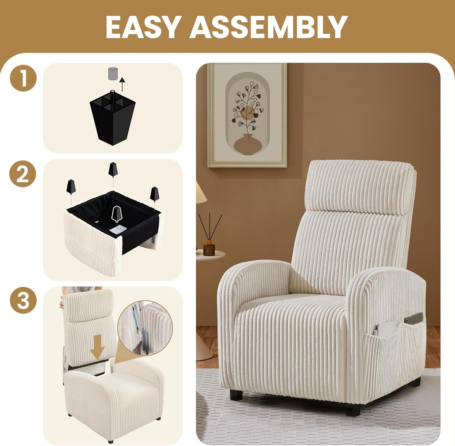 Corduroy High Back Accent Chair Beige With Side Pockets