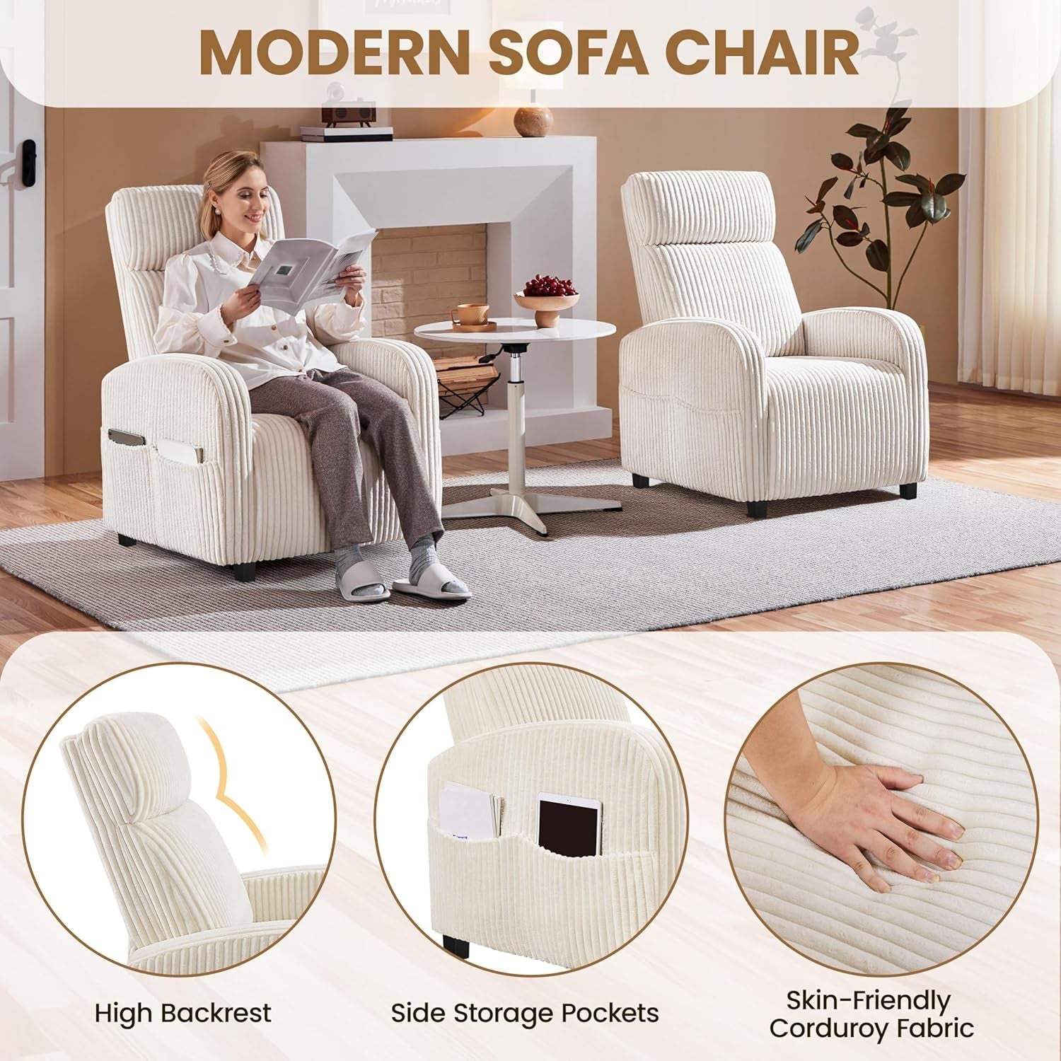 Corduroy High Back Accent Chair Beige With Side Pockets