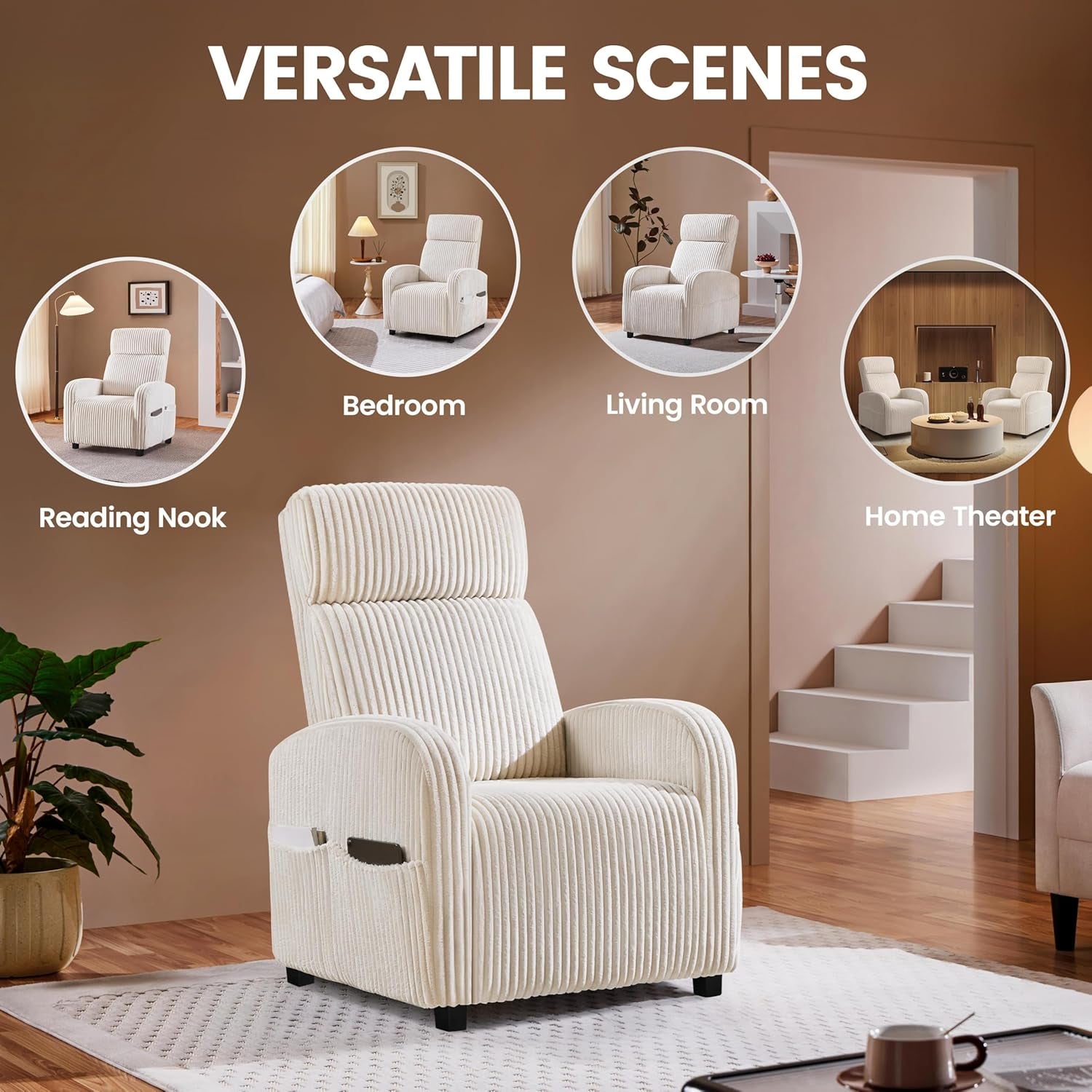 Corduroy High Back Accent Chair Beige With Side Pockets