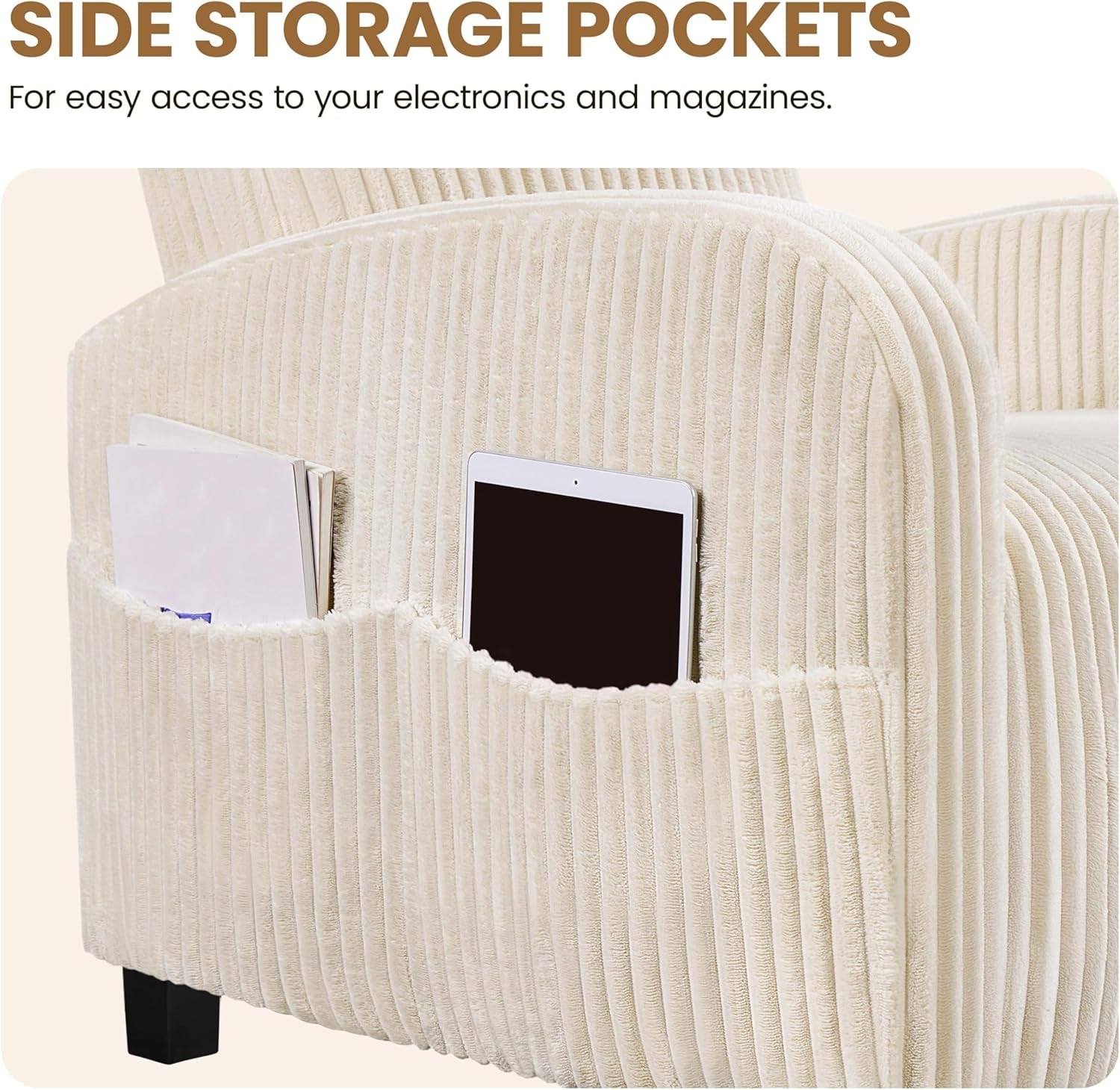 Corduroy High Back Accent Chair Beige With Side Pockets