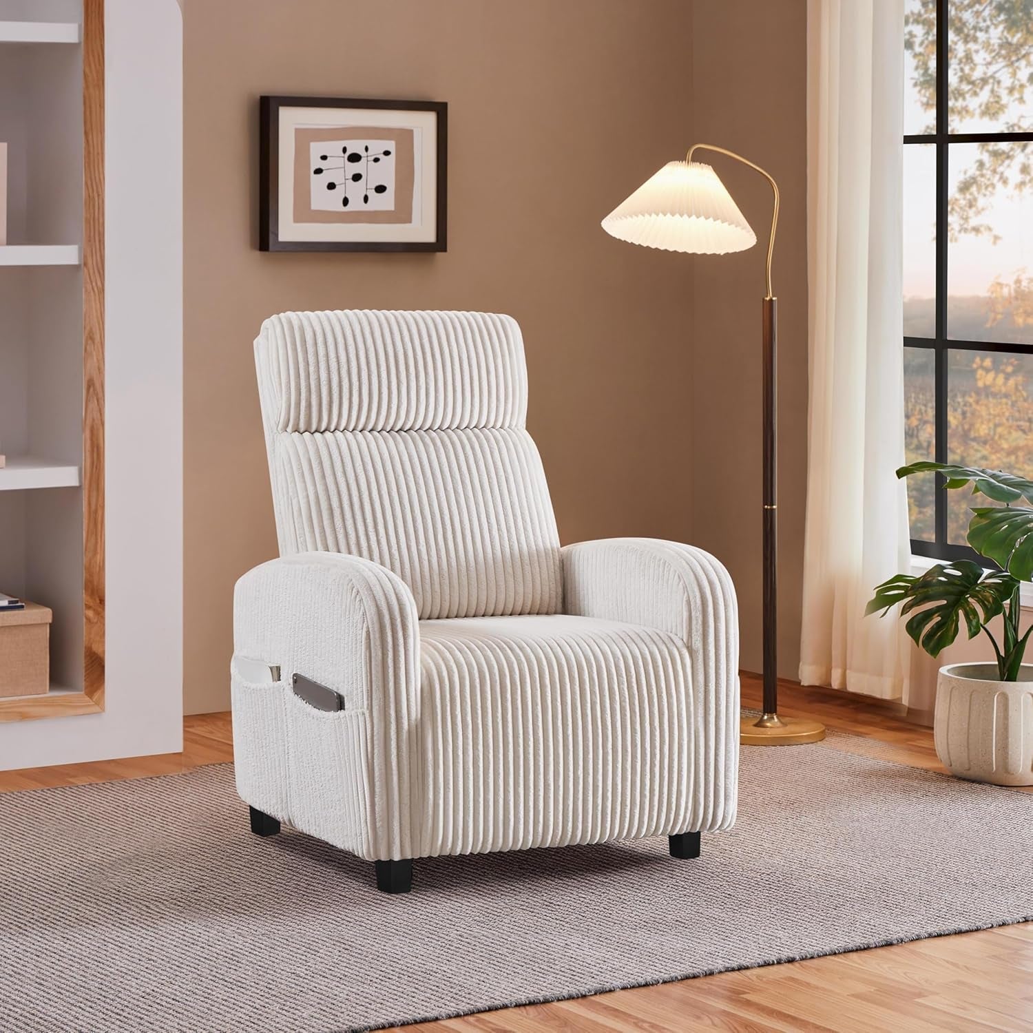 Corduroy High Back Accent Chair Beige With Side Pockets